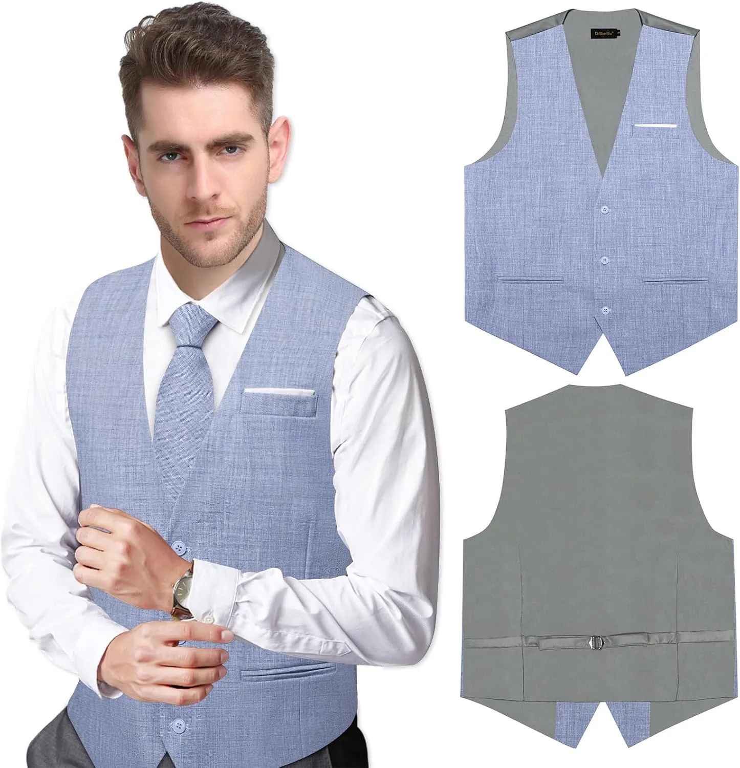 DiBanGu 4PCS Mens Suit Vest Linen Solid Color Vest for Men Wedding Casual Waistcoat Necktie Pocket Square Cufflinks S-3XL