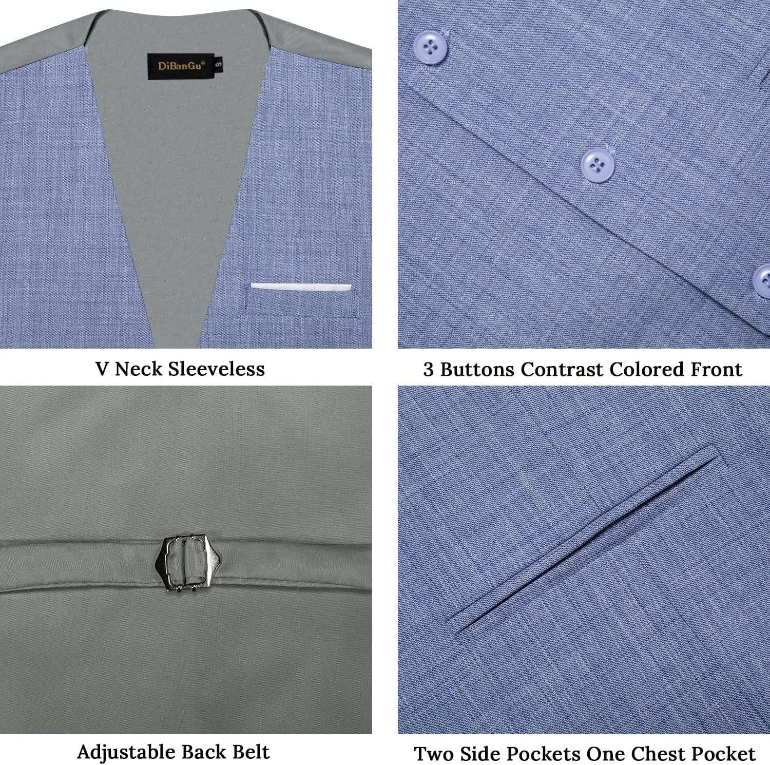 DiBanGu 4PCS Mens Suit Vest Linen Solid Color Vest for Men Wedding Casual Waistcoat Necktie Pocket Square Cufflinks S-3XL