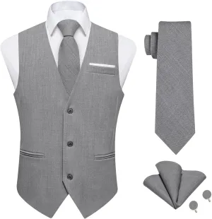 DiBanGu 4PCS Mens Suit Vest Linen Solid Color Vest for Men Wedding Casual Waistcoat Necktie Pocket Square Cufflinks S-3XL