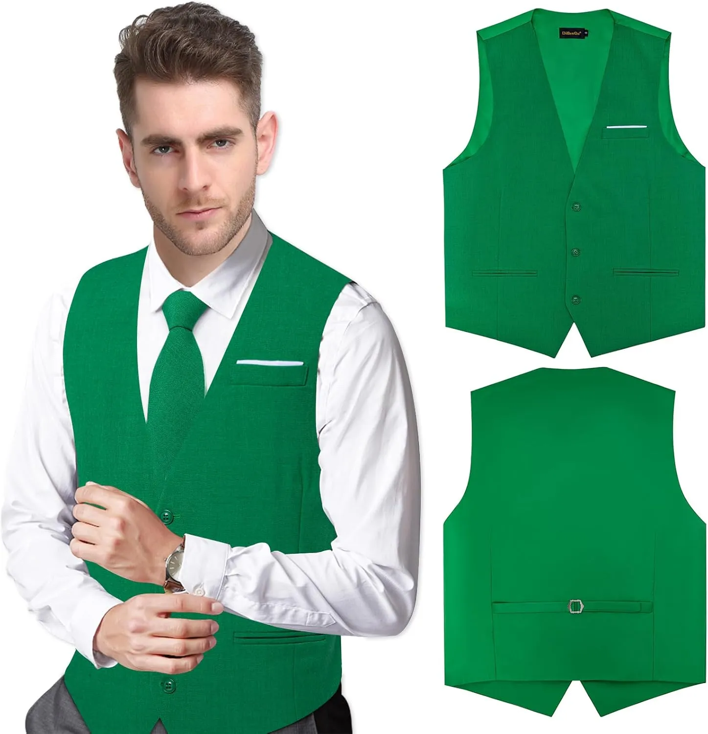DiBanGu 4PCS Mens Suit Vest Linen Solid Color Vest for Men Wedding Casual Waistcoat Necktie Pocket Square Cufflinks S-3XL