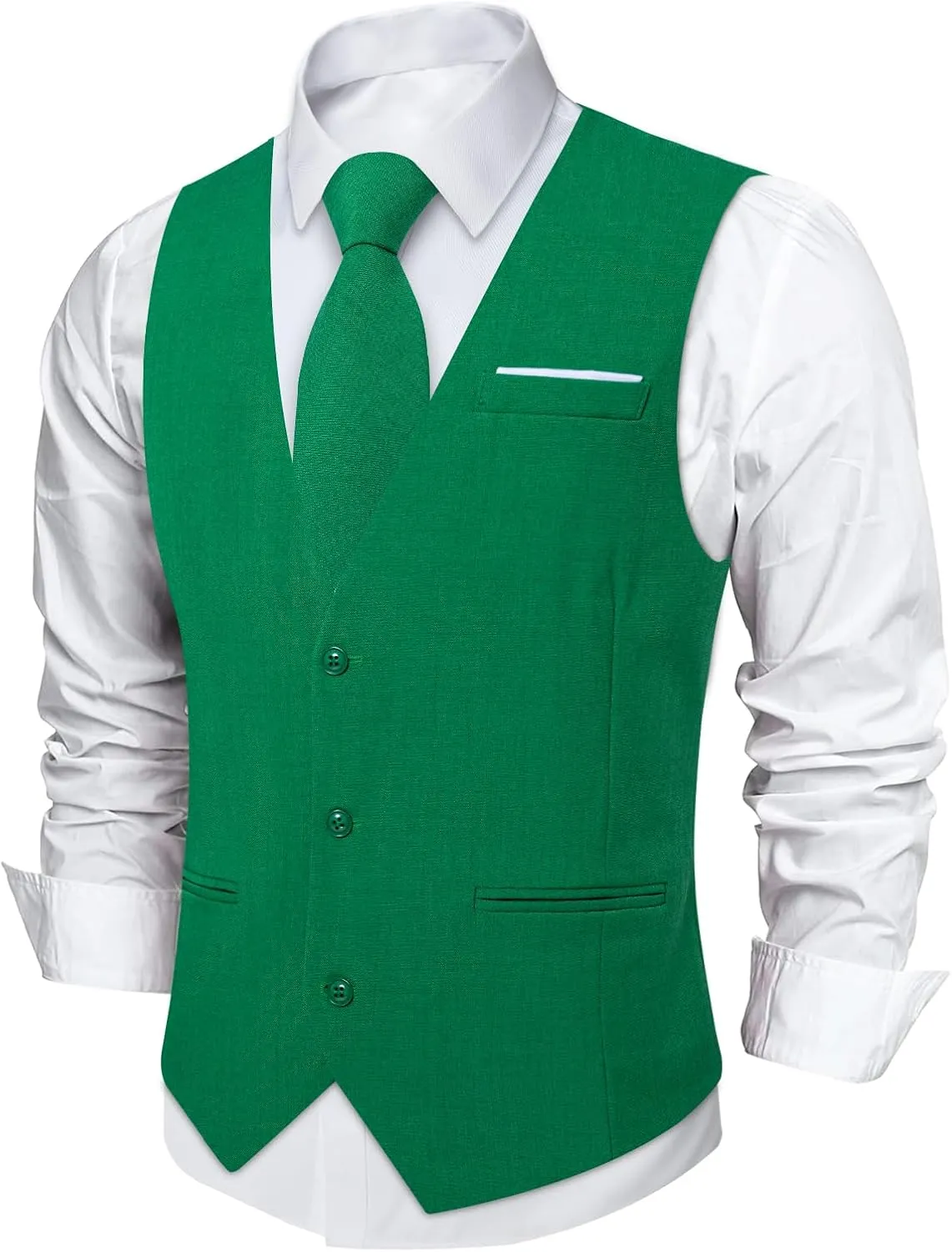 DiBanGu 4PCS Mens Suit Vest Linen Solid Color Vest for Men Wedding Casual Waistcoat Necktie Pocket Square Cufflinks S-3XL