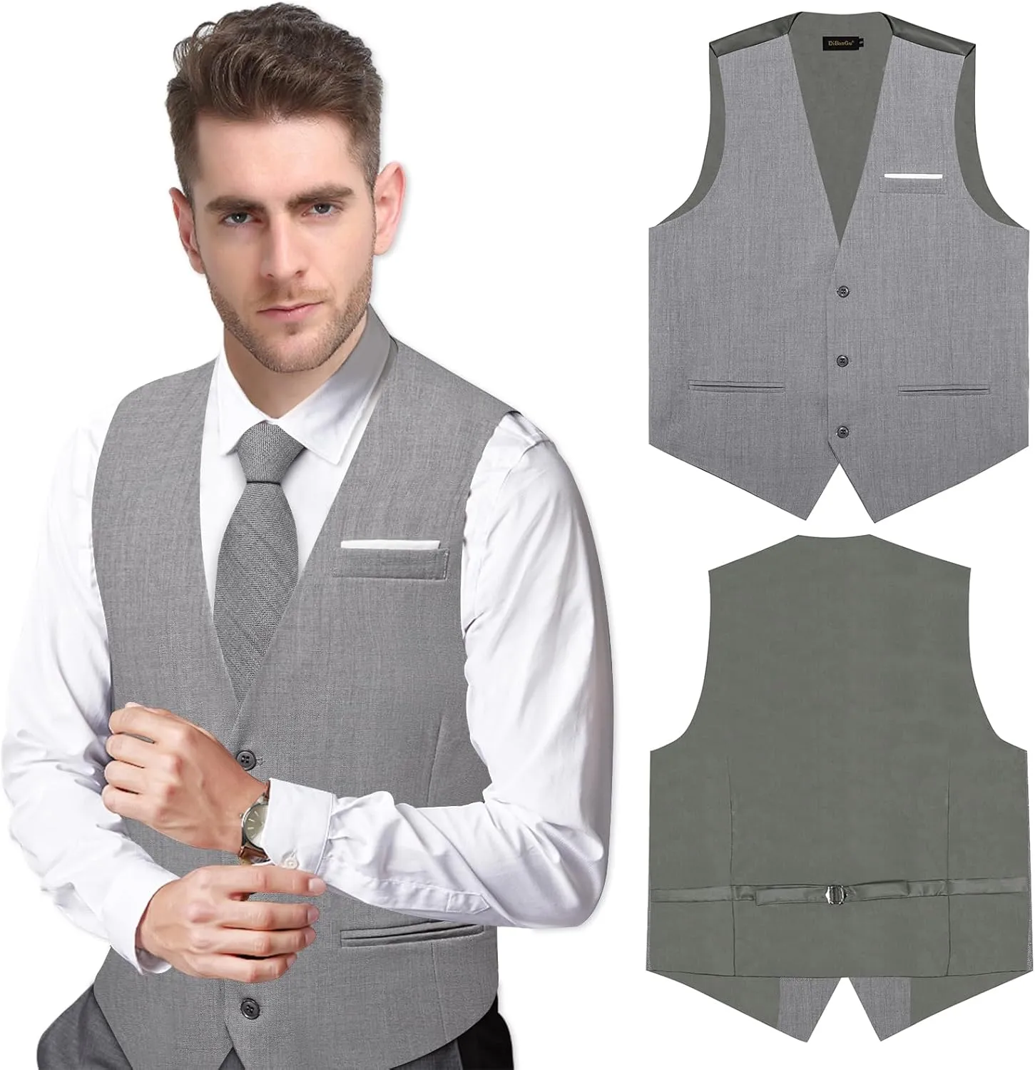 DiBanGu 4PCS Mens Suit Vest Linen Solid Color Vest for Men Wedding Casual Waistcoat Necktie Pocket Square Cufflinks S-3XL