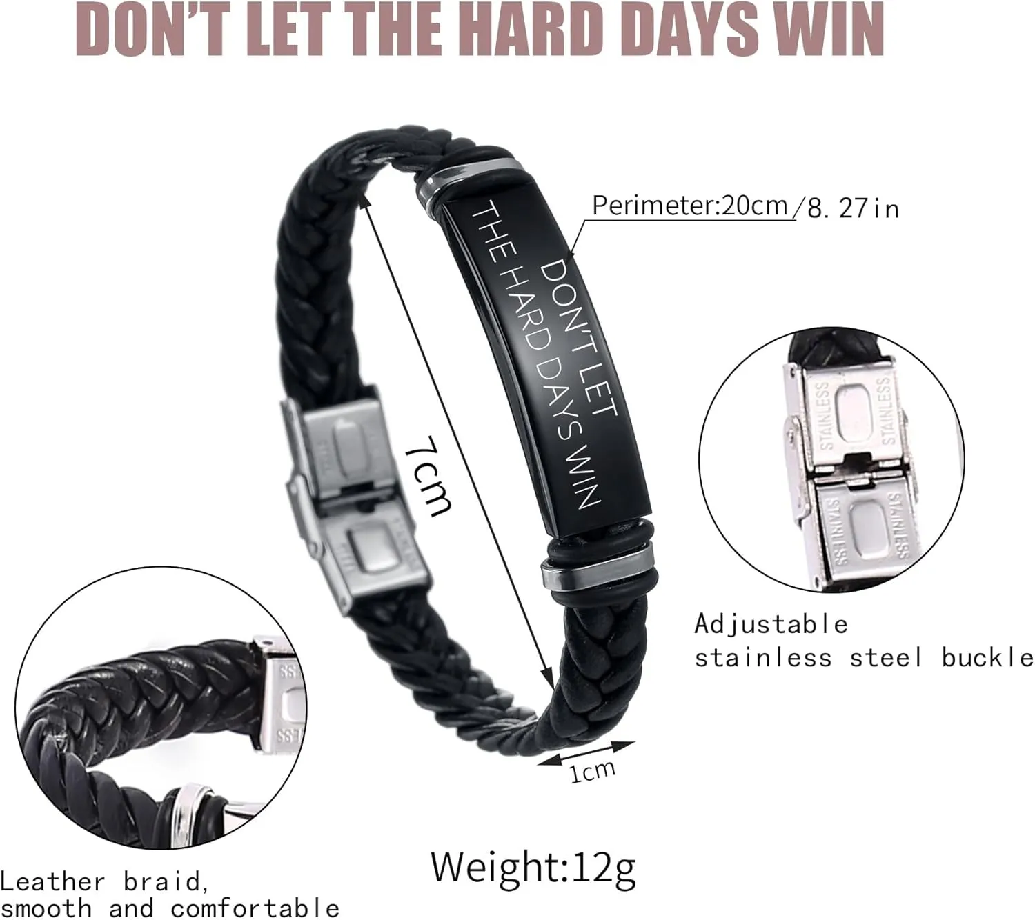 Dont Let The Hard Days Win Bracelet, Adjustable Engraved Stainless Steel Black Leather Braided Bracelets Inspirational Little Words Project Bracelet Jewelry Gifts for Hard Times Men Son Husband