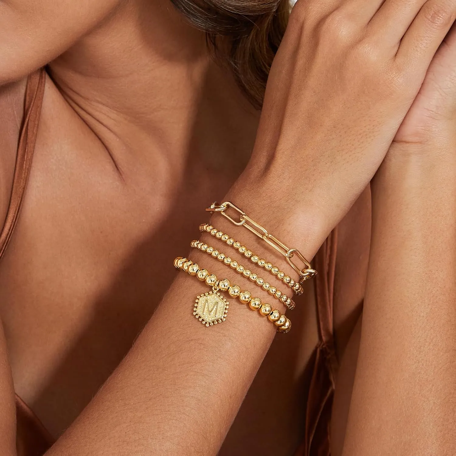 doubgood Gold Bracelets for Women, Stackable Initial Beaded Bracelet with Letter Pendant Stretch Trendy Stack Jewelry Set for Mother's Day Valentines Birthday Gifts for Her