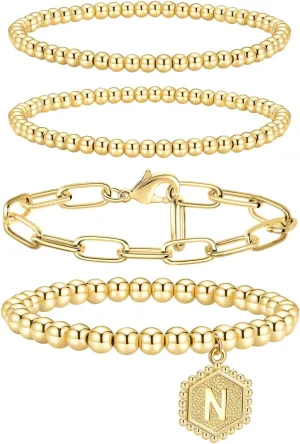 doubgood Gold Bracelets for Women, Stackable Initial Beaded Bracelet with Letter Pendant Stretch Trendy Stack Jewelry Set for Mother's Day Valentines Birthday Gifts for Her