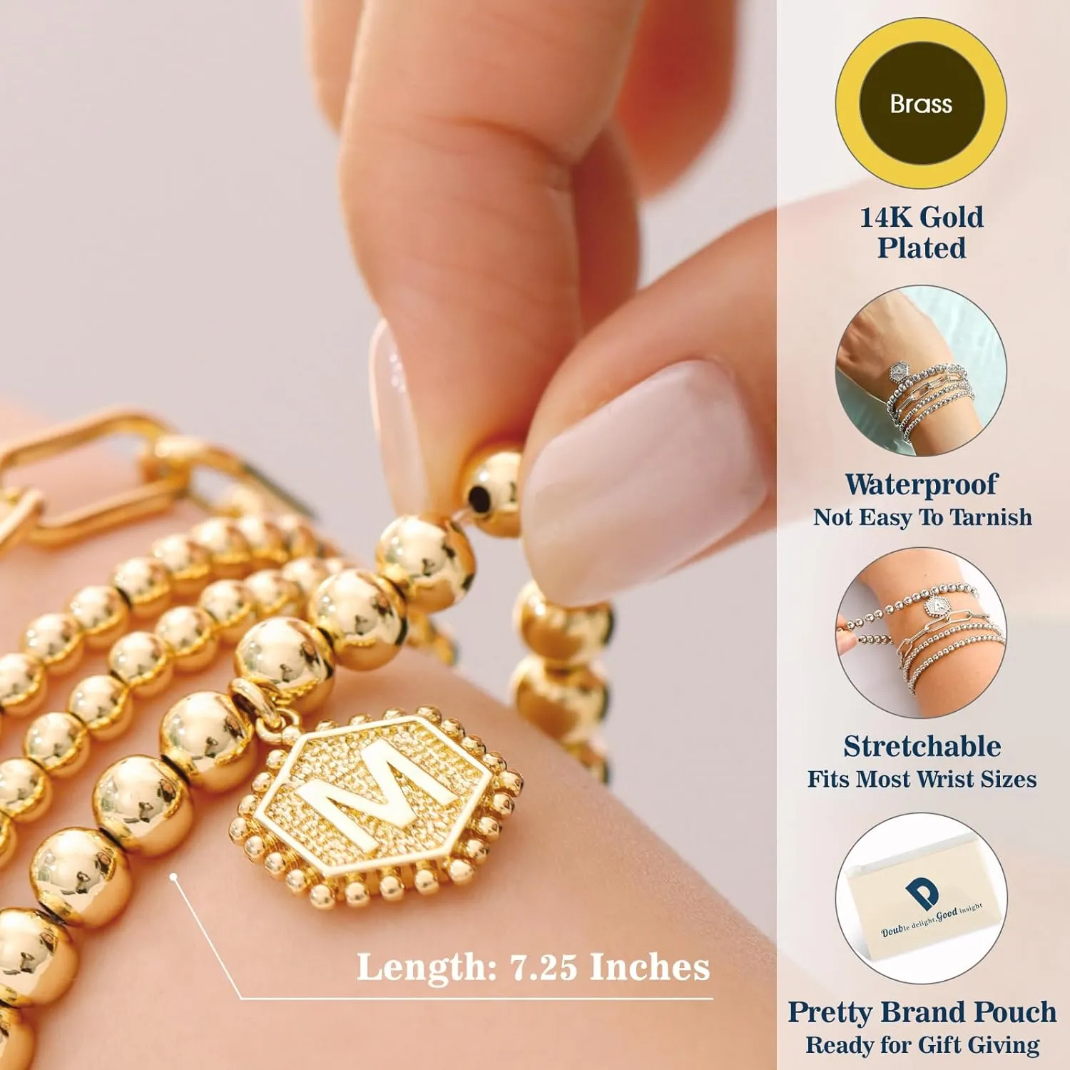 doubgood Gold Bracelets for Women, Stackable Initial Beaded Bracelet with Letter Pendant Stretch Trendy Stack Jewelry Set for Mother's Day Valentines Birthday Gifts for Her