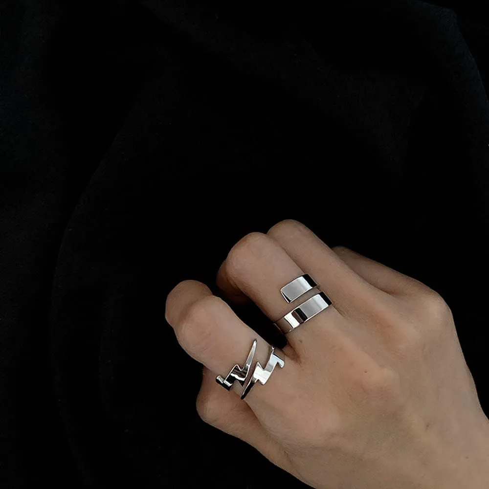 Double Lightning Stainless Steel Open Rings for Women Men Fashion Asymmetric Wrap Engagement Promise Statement Finger Knuckle Rings for Boyfriend Girlfriend Christmas Valentines Party Gifts
