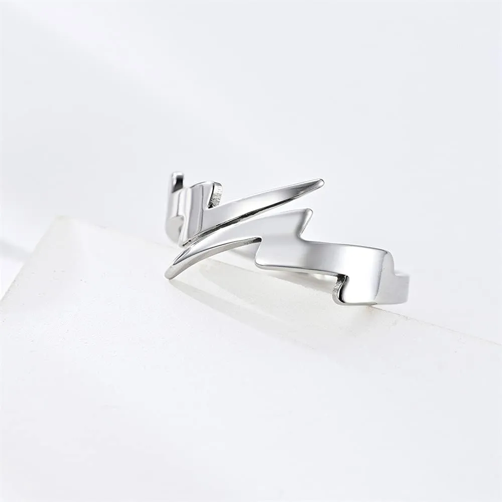 Double Lightning Stainless Steel Open Rings for Women Men Fashion Asymmetric Wrap Engagement Promise Statement Finger Knuckle Rings for Boyfriend Girlfriend Christmas Valentines Party Gifts