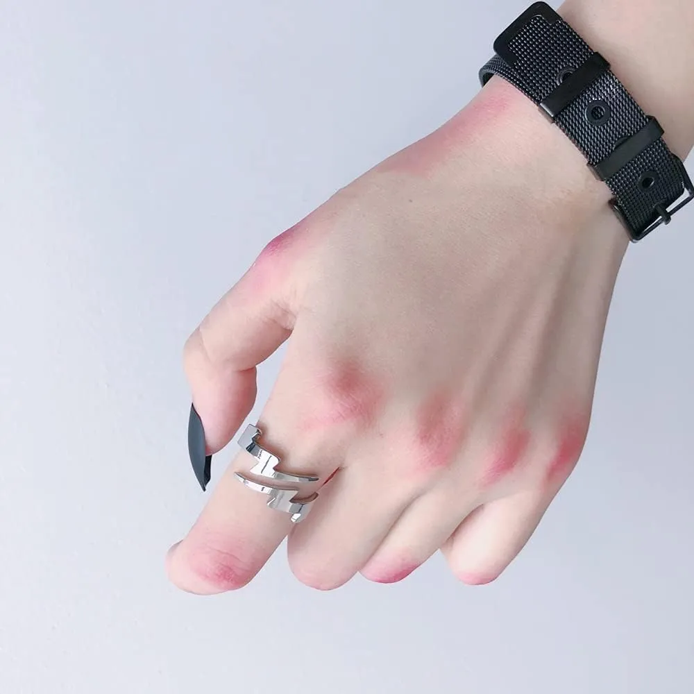 Double Lightning Stainless Steel Open Rings for Women Men Fashion Asymmetric Wrap Engagement Promise Statement Finger Knuckle Rings for Boyfriend Girlfriend Christmas Valentines Party Gifts