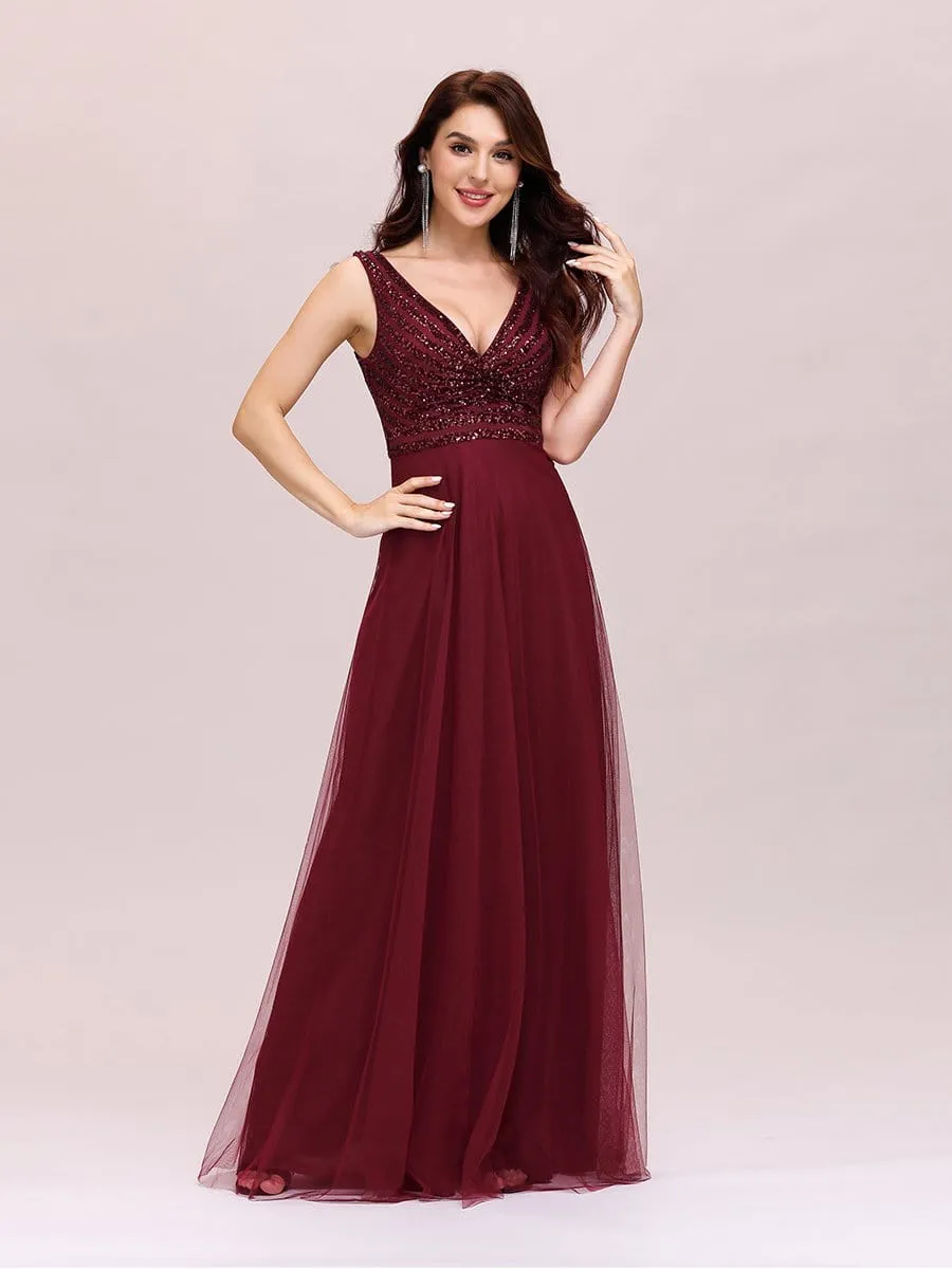 Double V Neckline Flowy Tulle Evening Dress with Sequin Stripes