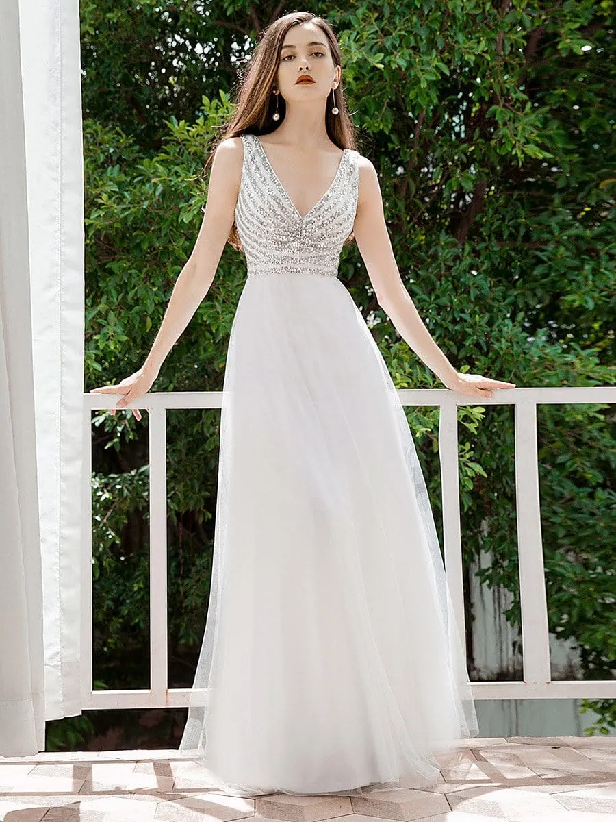 Double V Neckline Flowy Tulle Evening Dress with Sequin Stripes