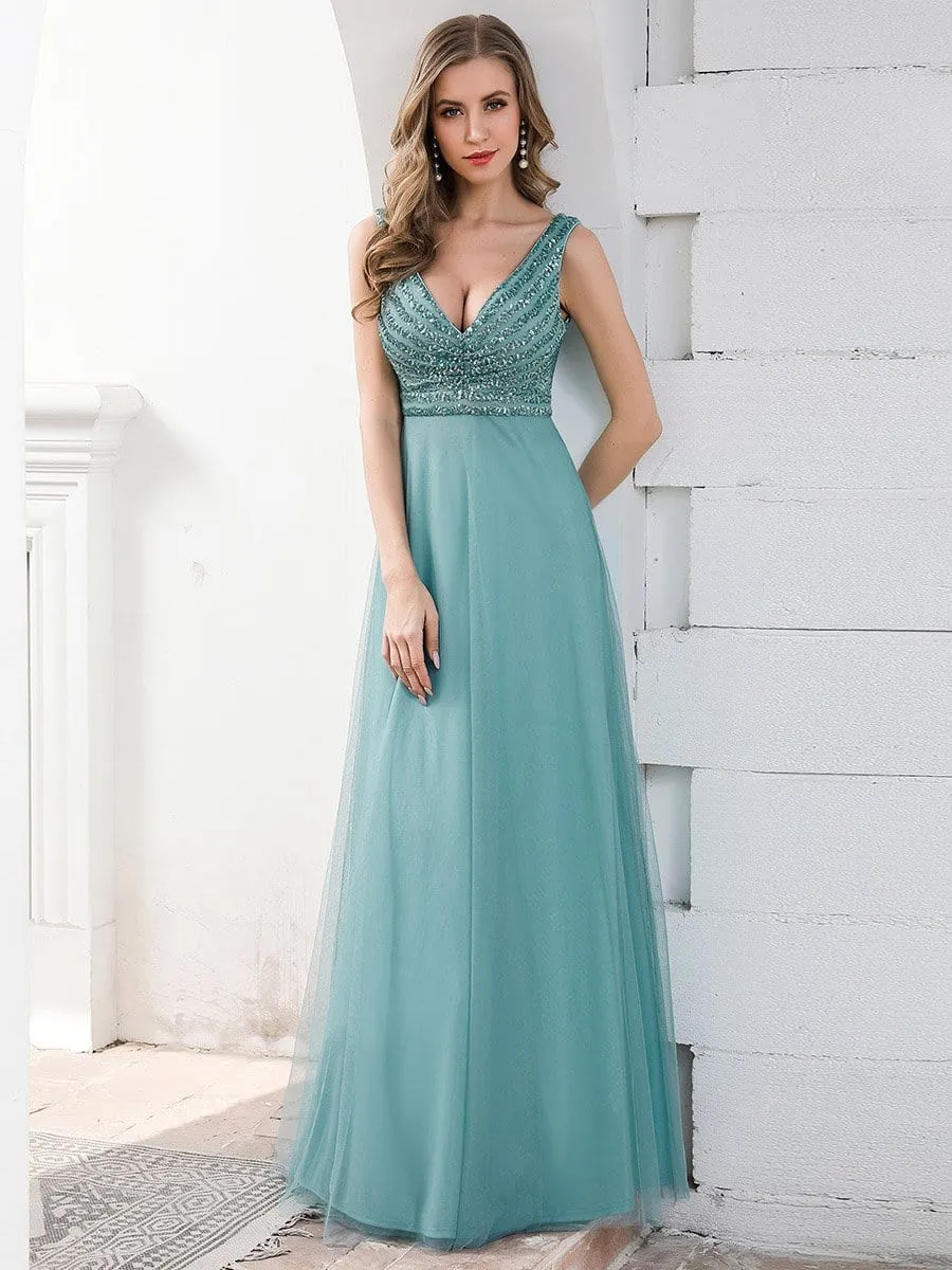 Double V Neckline Flowy Tulle Evening Dress with Sequin Stripes