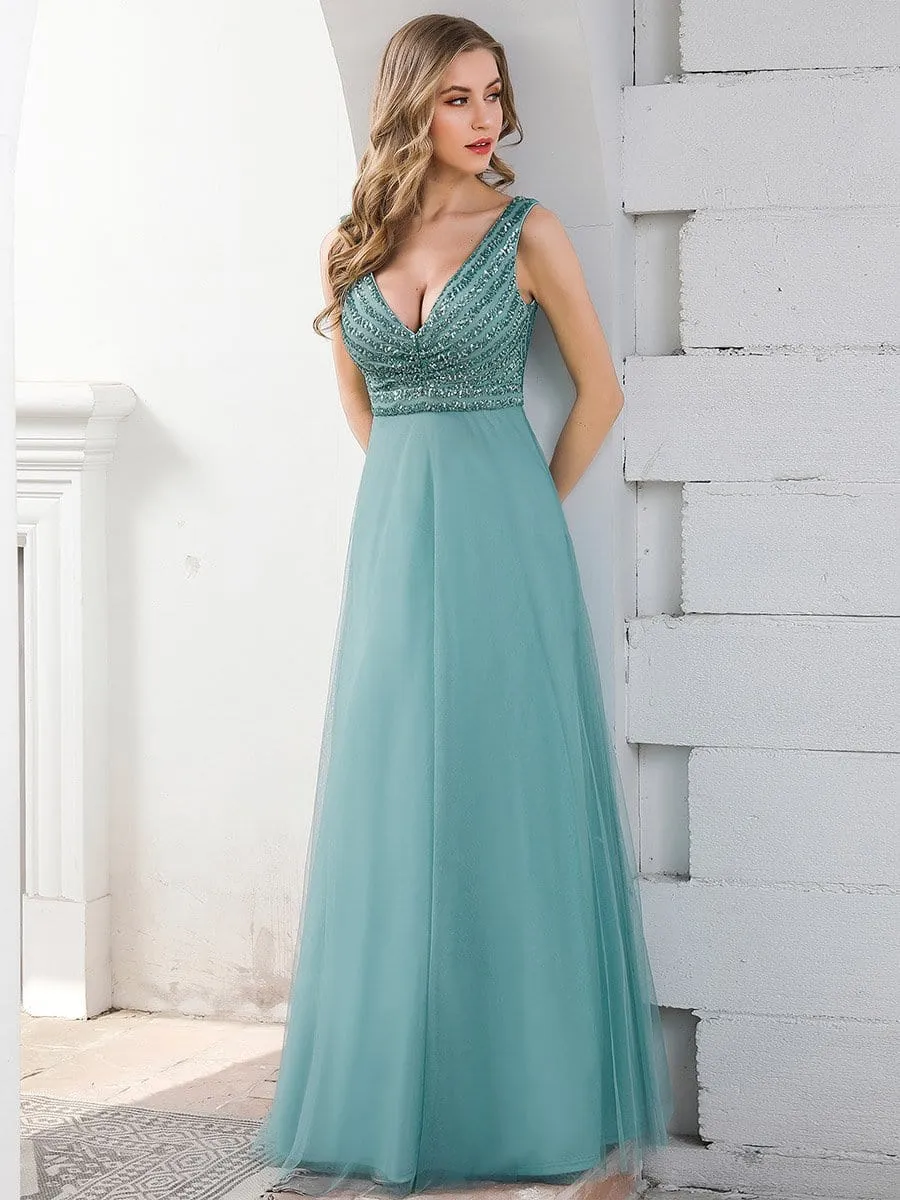 Double V Neckline Flowy Tulle Evening Dress with Sequin Stripes