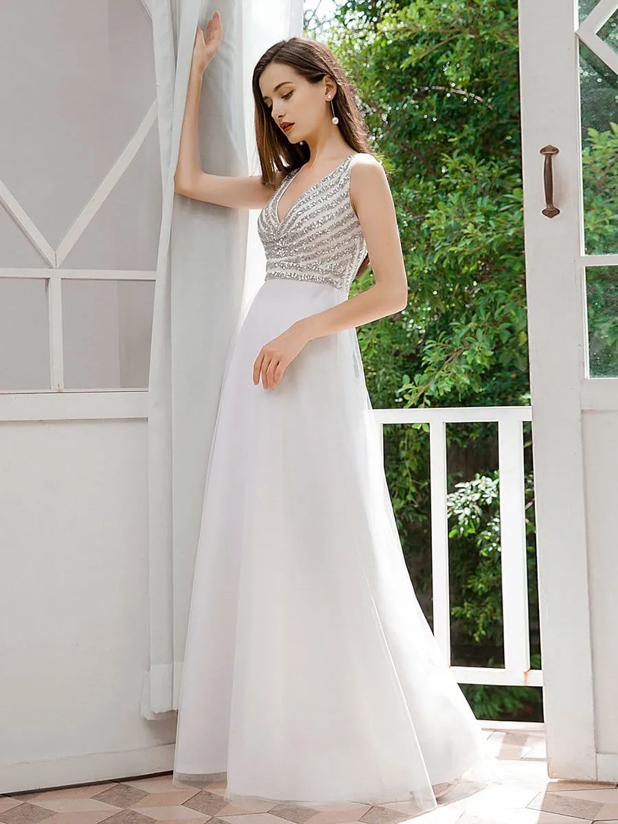 Double V Neckline Flowy Tulle Evening Dress with Sequin Stripes