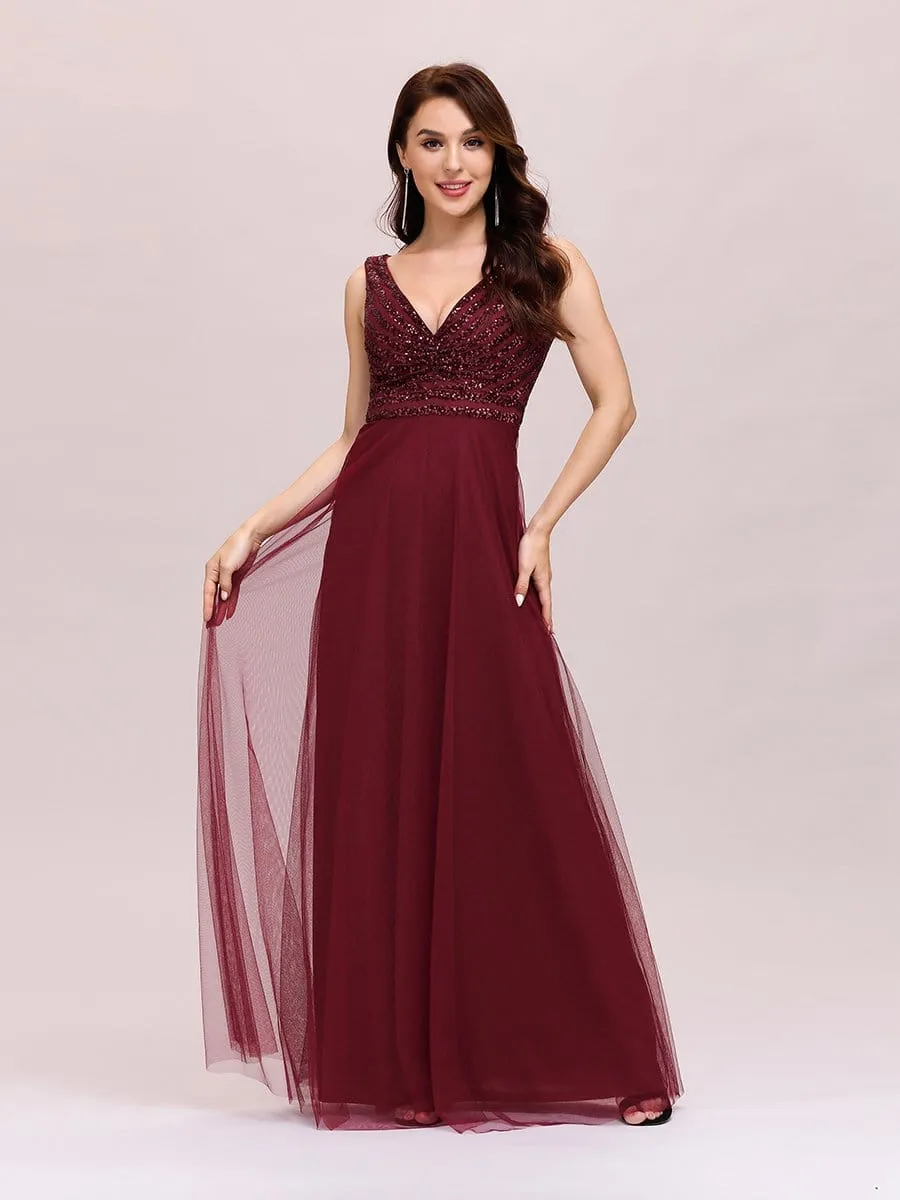 Double V Neckline Flowy Tulle Evening Dress with Sequin Stripes