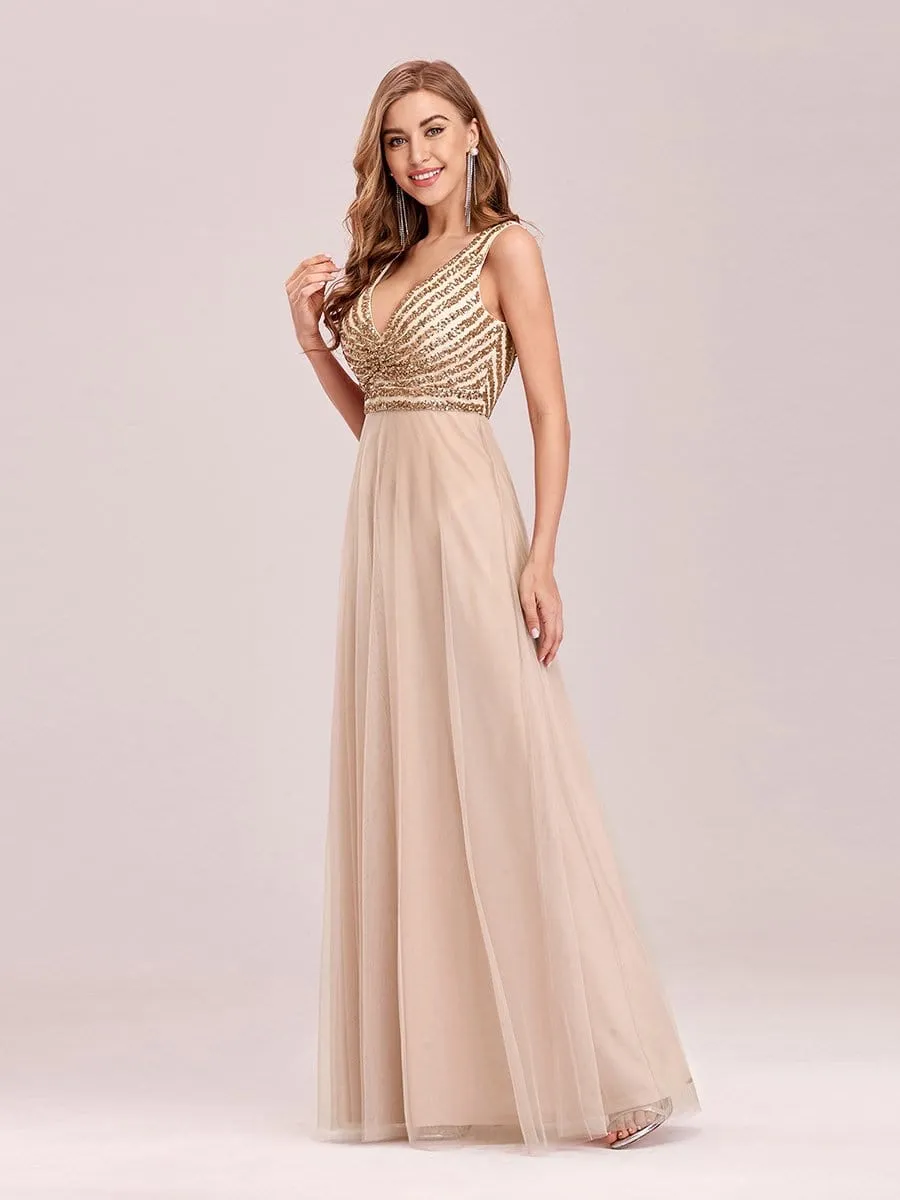 Double V Neckline Flowy Tulle Evening Dress with Sequin Stripes