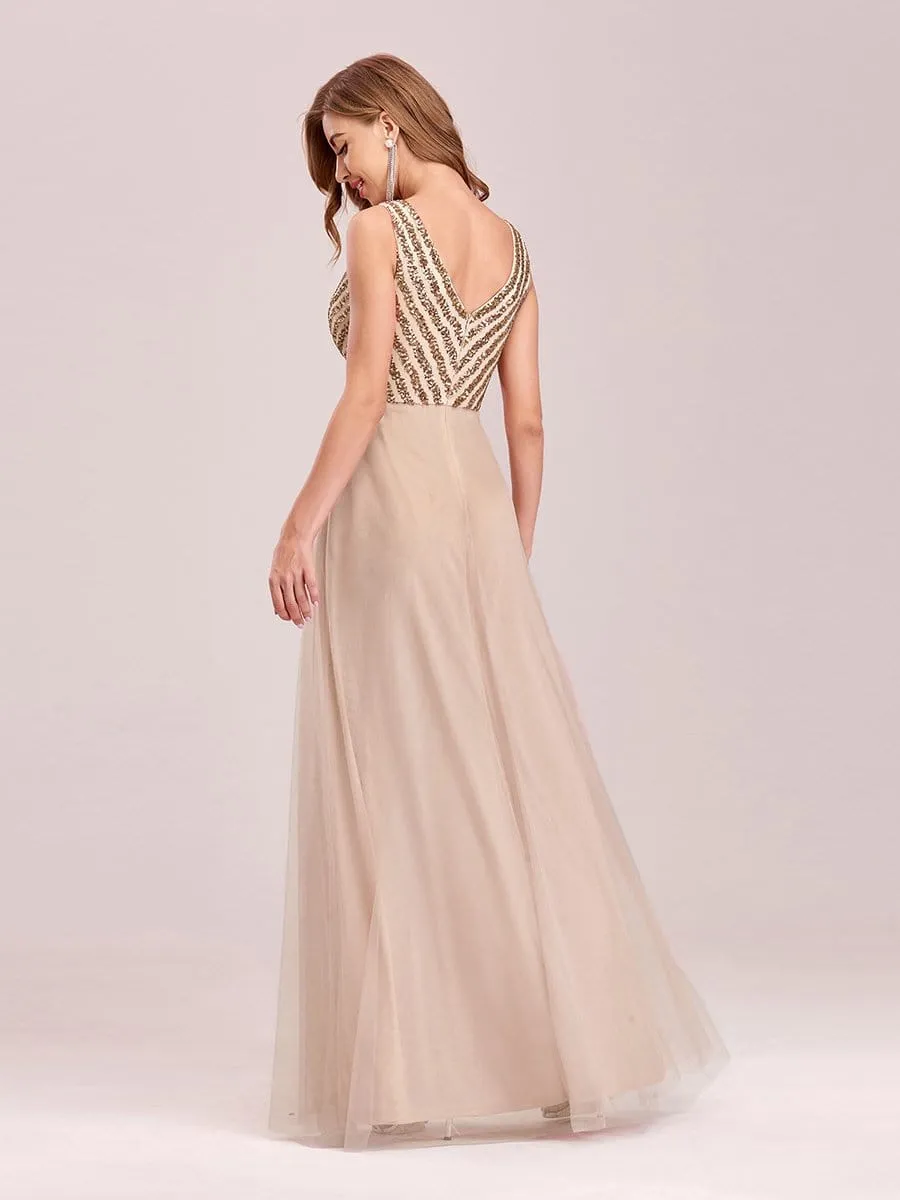Double V Neckline Flowy Tulle Evening Dress with Sequin Stripes