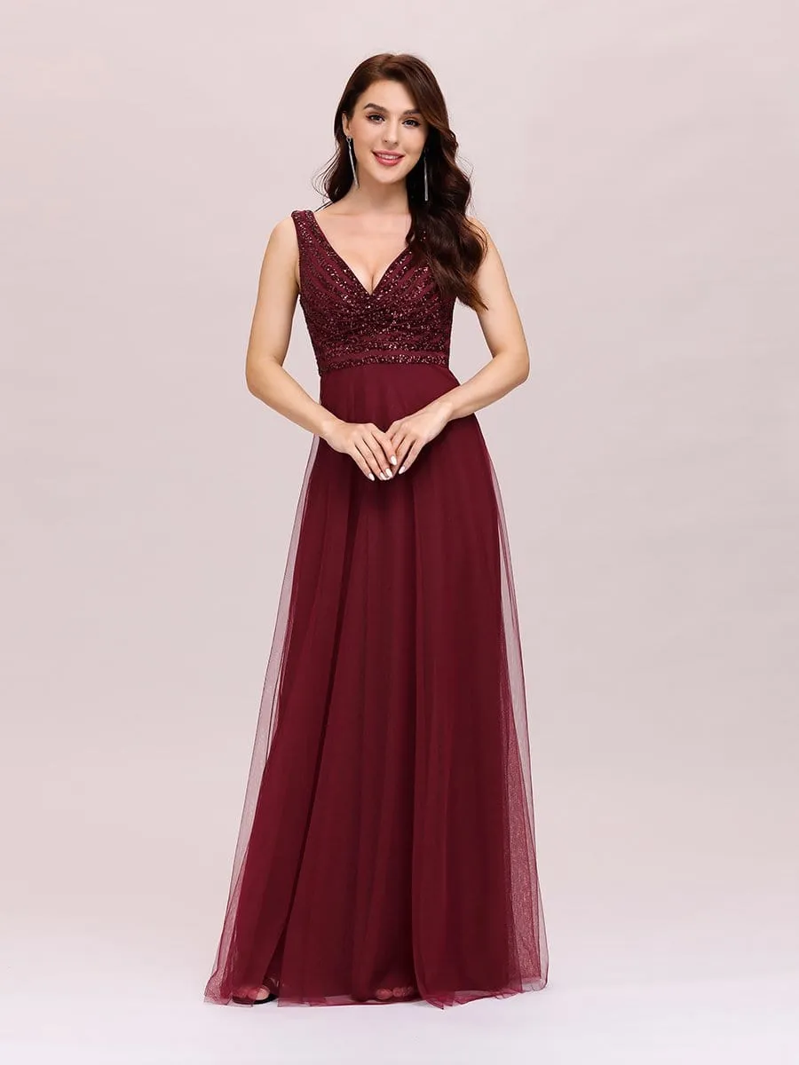 Double V Neckline Flowy Tulle Evening Dress with Sequin Stripes