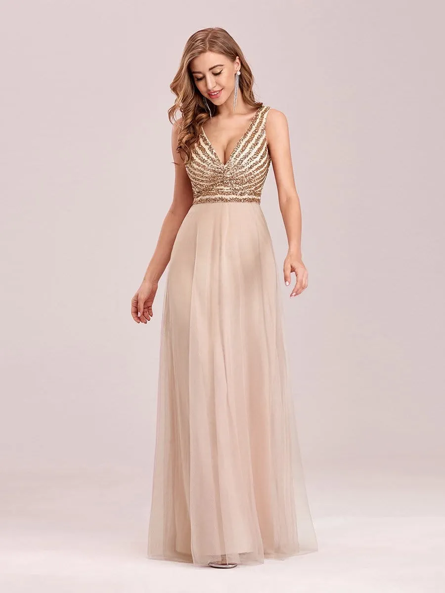 Double V Neckline Flowy Tulle Evening Dress with Sequin Stripes