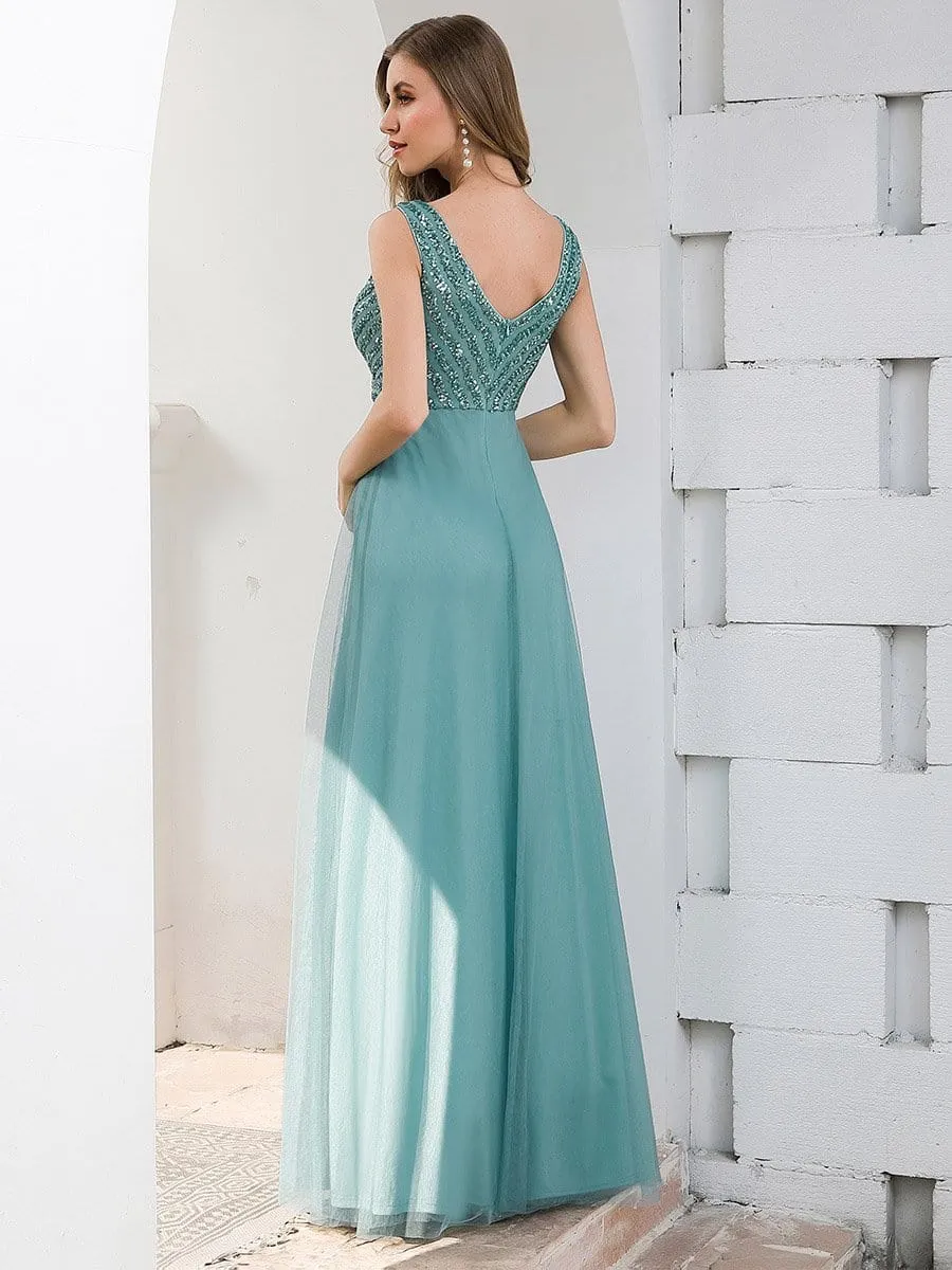 Double V Neckline Flowy Tulle Evening Dress with Sequin Stripes