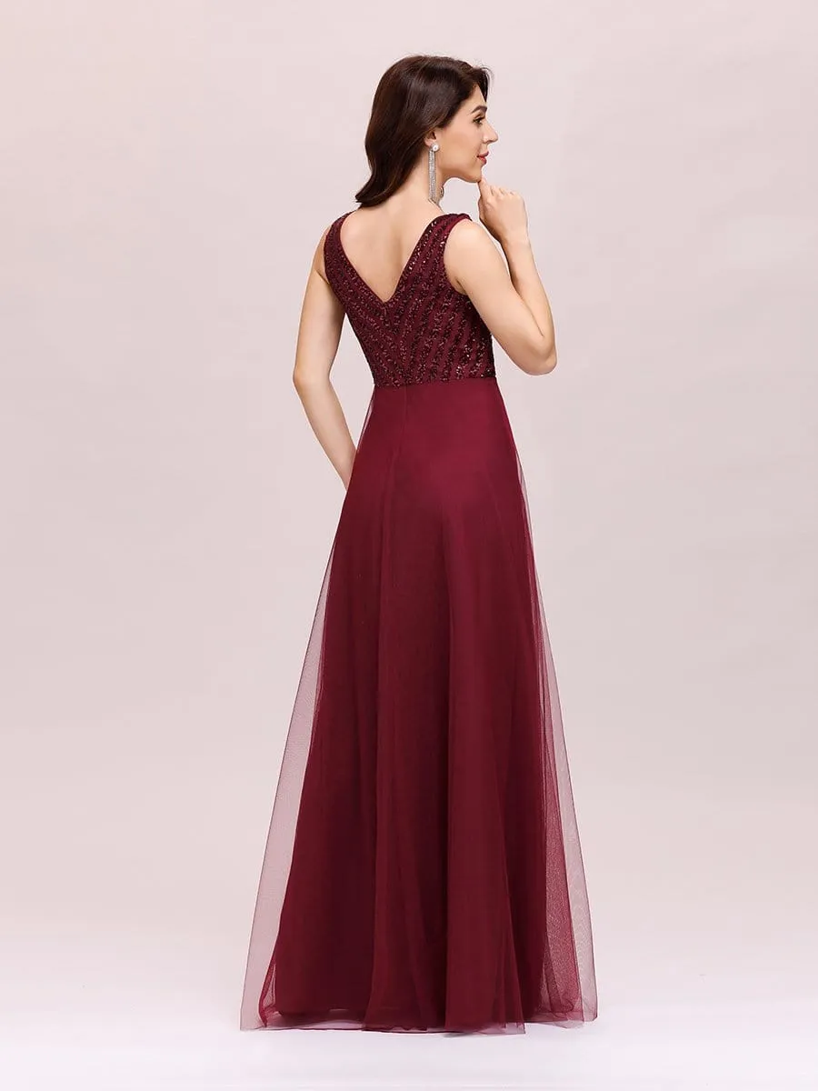 Double V Neckline Flowy Tulle Evening Dress with Sequin Stripes