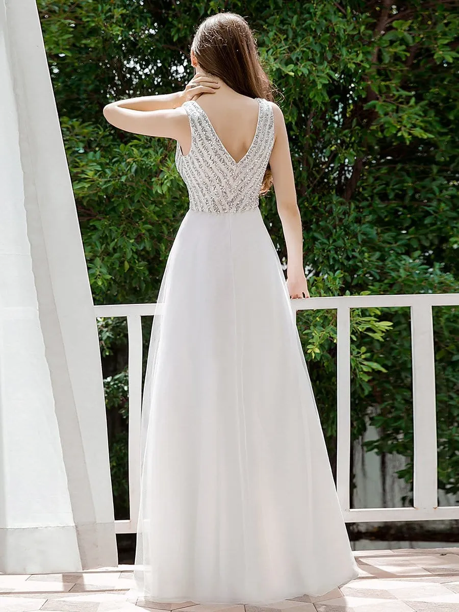 Double V Neckline Flowy Tulle Evening Dress with Sequin Stripes