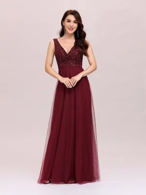 Double V Neckline Flowy Tulle Evening Dress with Sequin Stripes