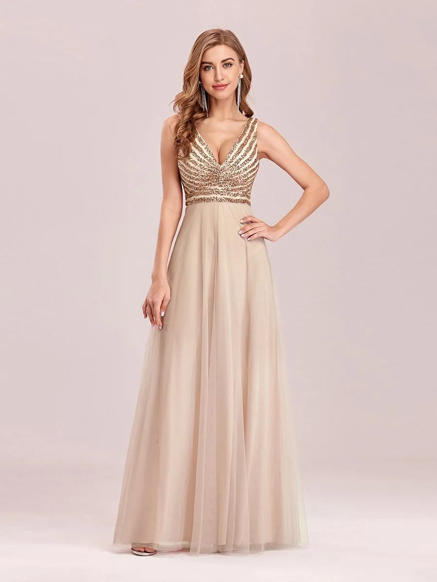 Double V Neckline Flowy Tulle Evening Dress with Sequin Stripes