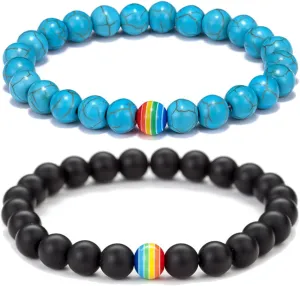 Dreuyet LGBTQ Natural Stone Bead Bracelet Rainbow Lesbian Gay Pride Bracelet Handmade Adjustable Gemstone for Men Women Friend LGBTQ Friendship Jewelry Birthday Gift