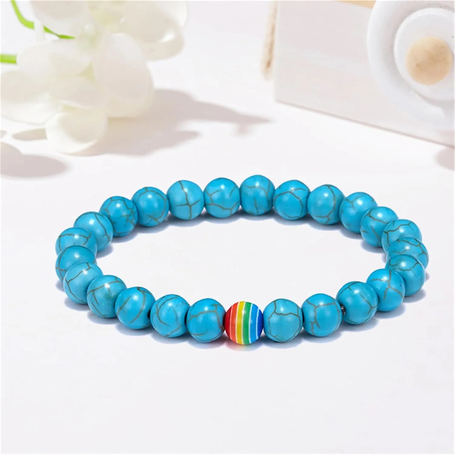 Dreuyet LGBTQ Natural Stone Bead Bracelet Rainbow Lesbian Gay Pride Bracelet Handmade Adjustable Gemstone for Men Women Friend LGBTQ Friendship Jewelry Birthday Gift