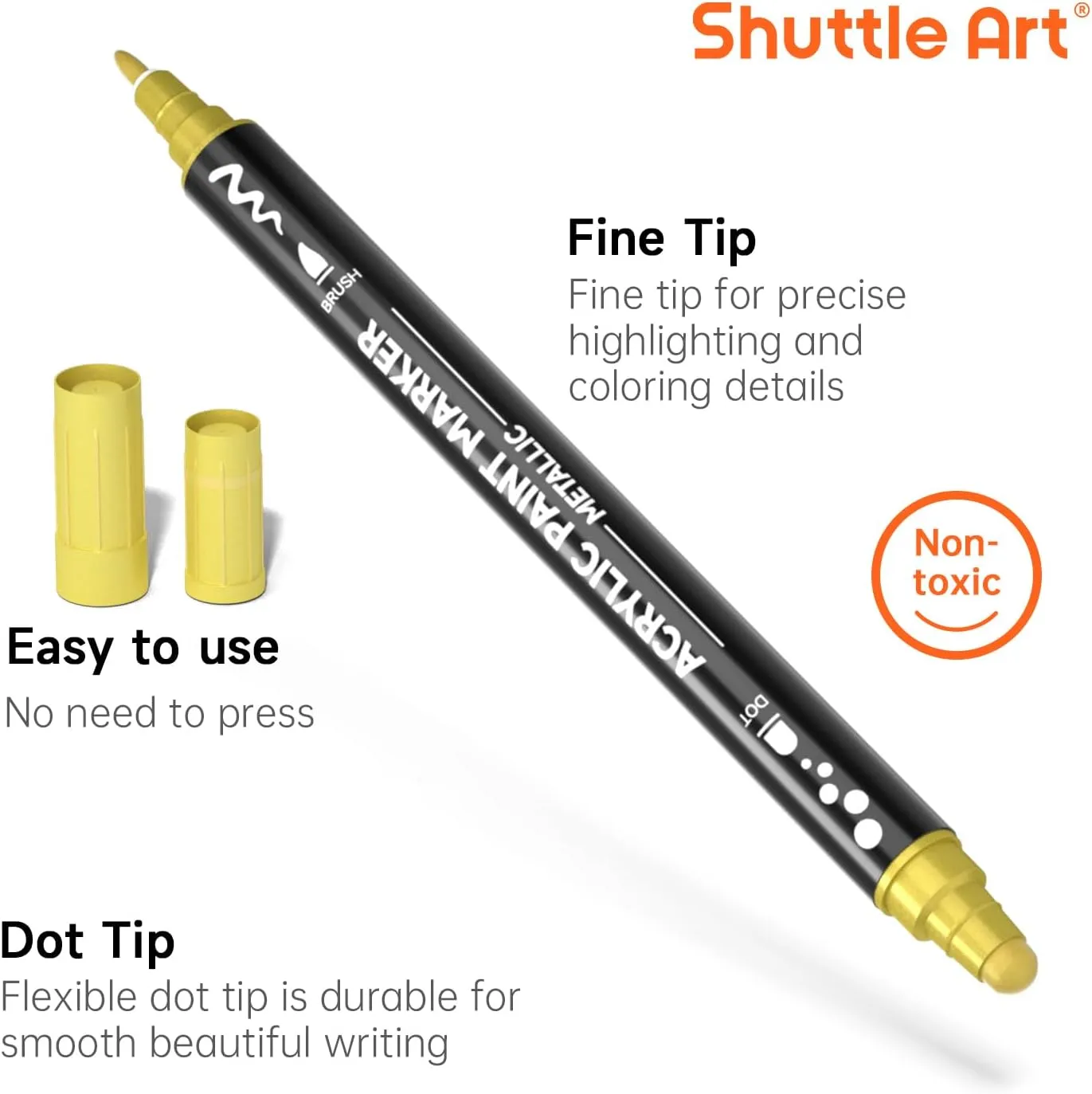 Dual Tip Acrylic Paint Markers, Dot Tip and Fine Tip - 28 Metallic Colors