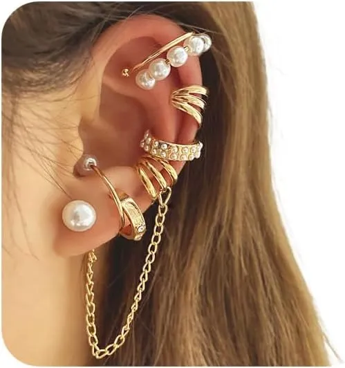 Ear Cuff Earrings for Women Non Piercing Gold Ear Cuffs 14K Gold Plated Clip Cartilage Helix Earrings Fake Earrings Adjustable Ear Stack Earrings Set