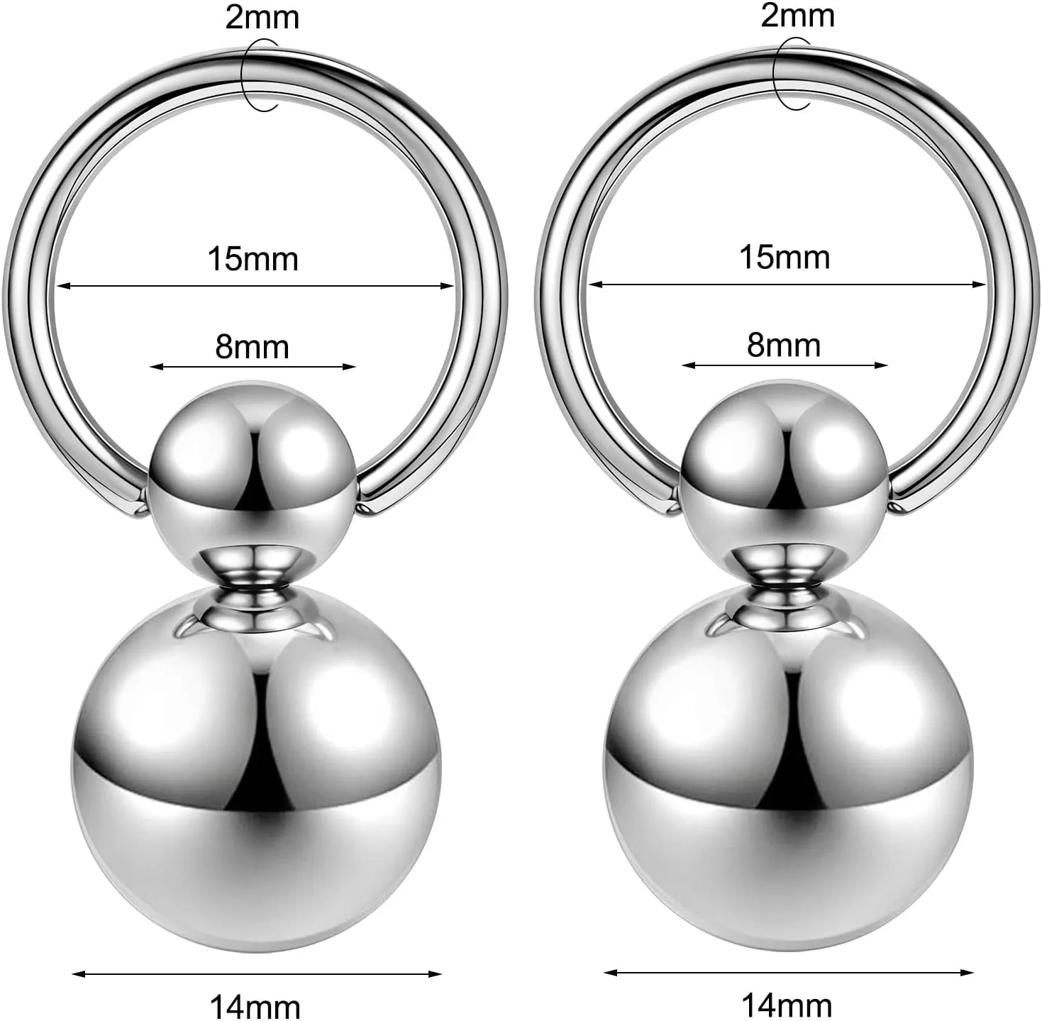 Earring Adjustable Load Ring PA Piercing Jewelry 316L Surgical Steel 14G 12G Nipple Rings for Men Women 2Pc Silver