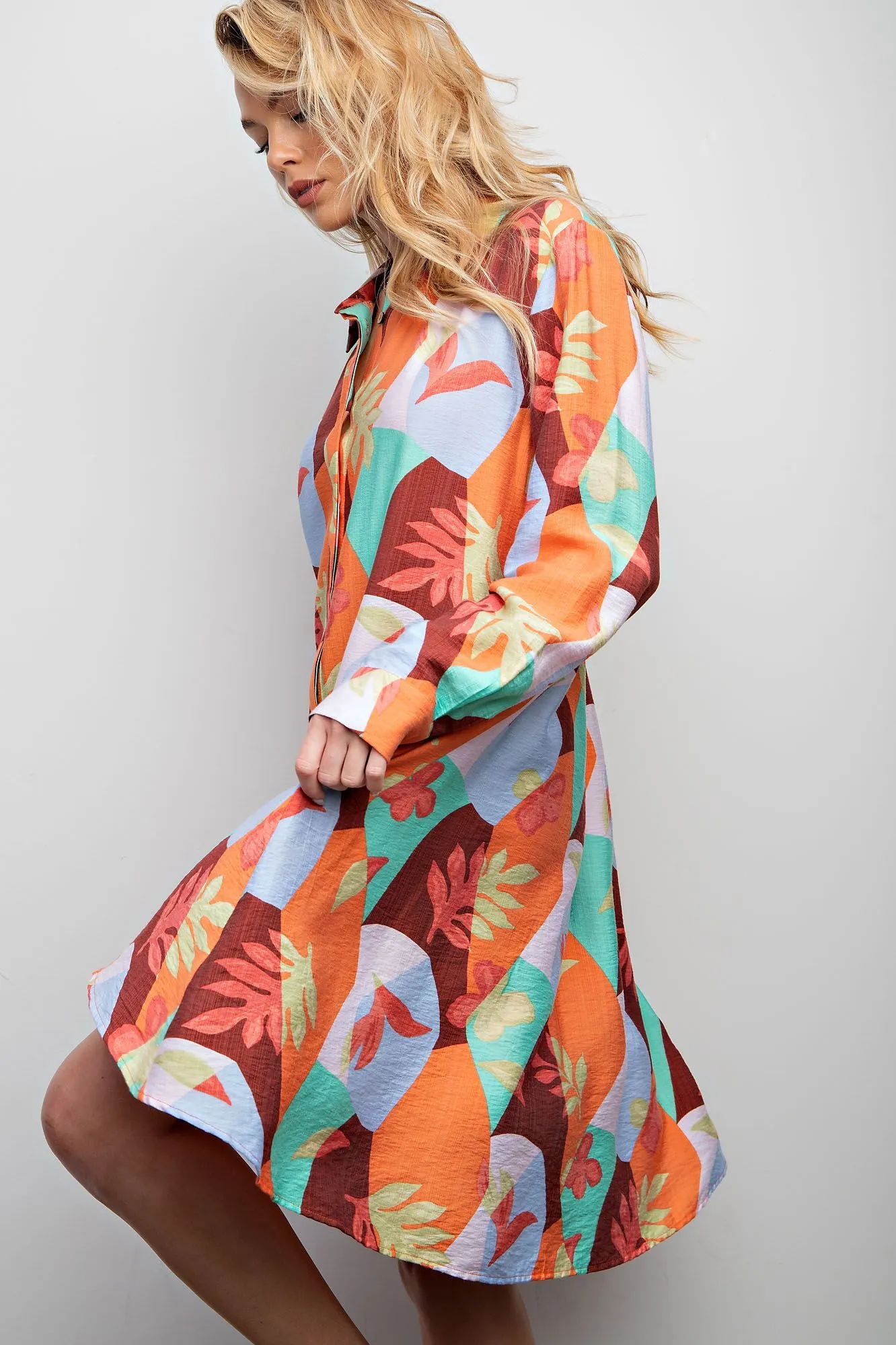 Easel Blossom Printed Button Down Shirt Dress in Aqua Coffee FINAL SALE