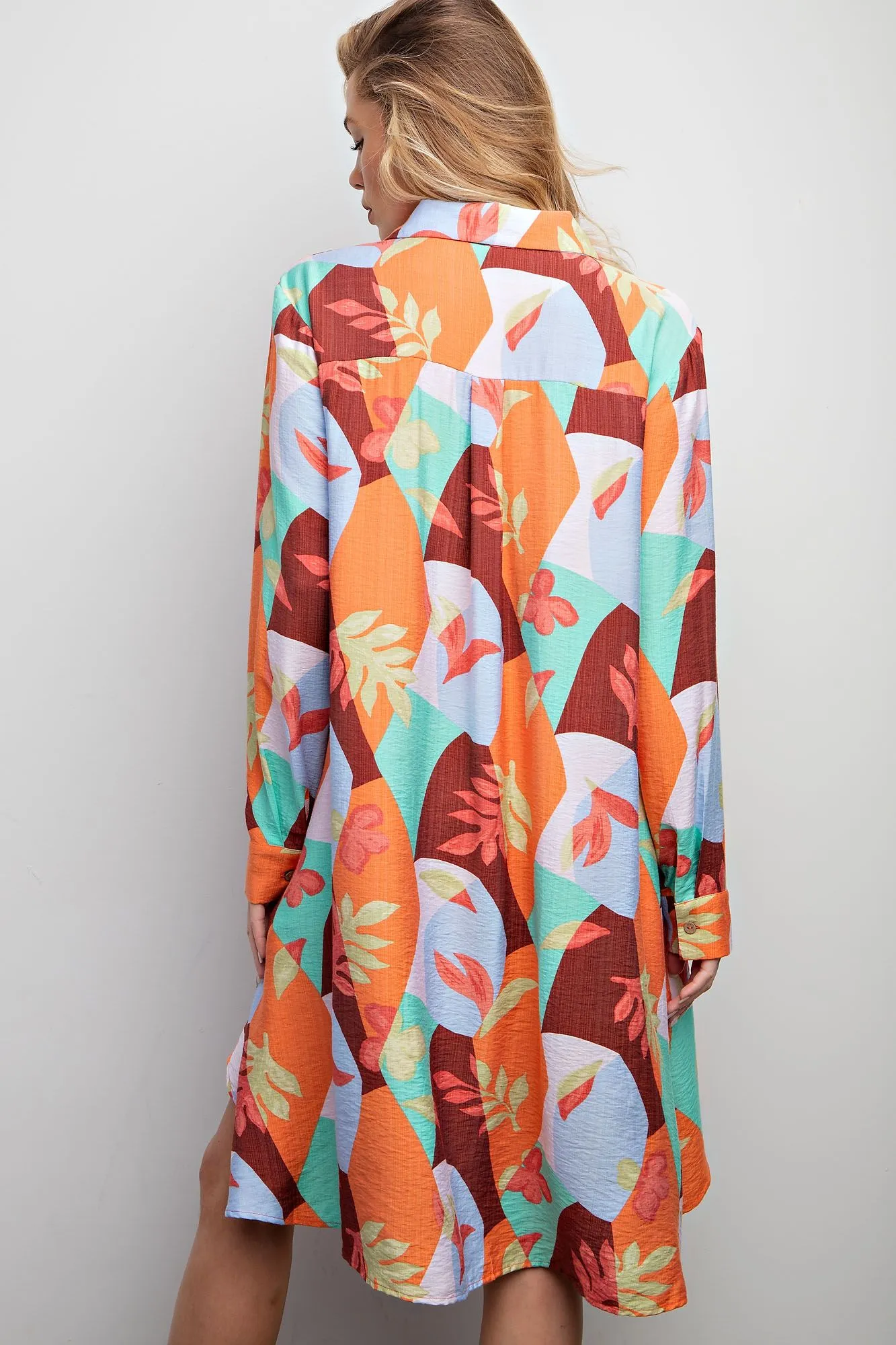 Easel Blossom Printed Button Down Shirt Dress in Aqua Coffee FINAL SALE