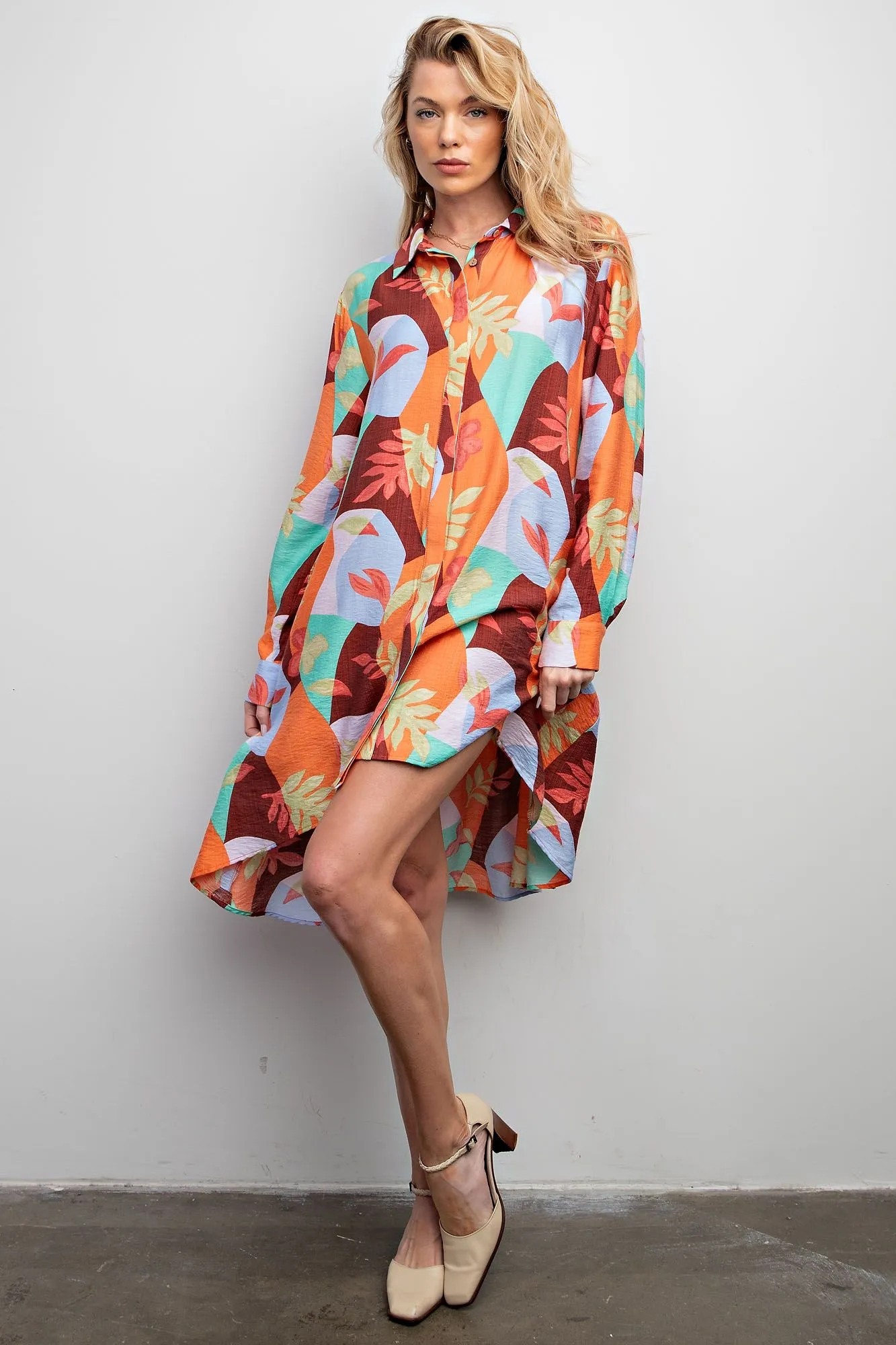 Easel Blossom Printed Button Down Shirt Dress in Aqua Coffee FINAL SALE