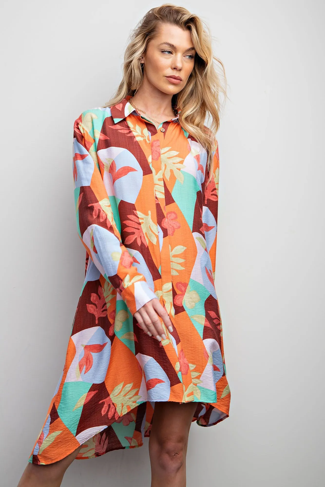 Easel Blossom Printed Button Down Shirt Dress in Aqua Coffee FINAL SALE