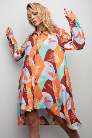 Easel Blossom Printed Button Down Shirt Dress in Aqua Coffee FINAL SALE