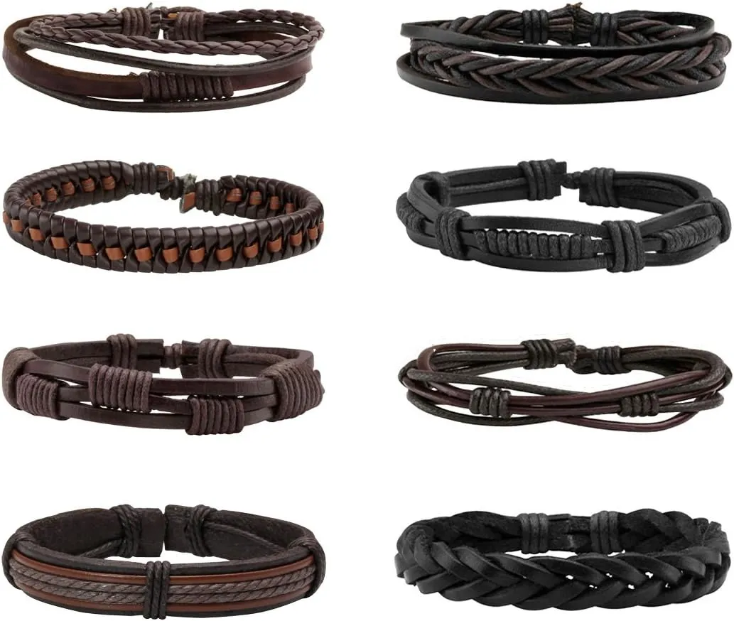 Eigso 8Pcs Braided Leather Bracelets Set for Men Women Hemp Cords Adjustable Wrap Bracelets