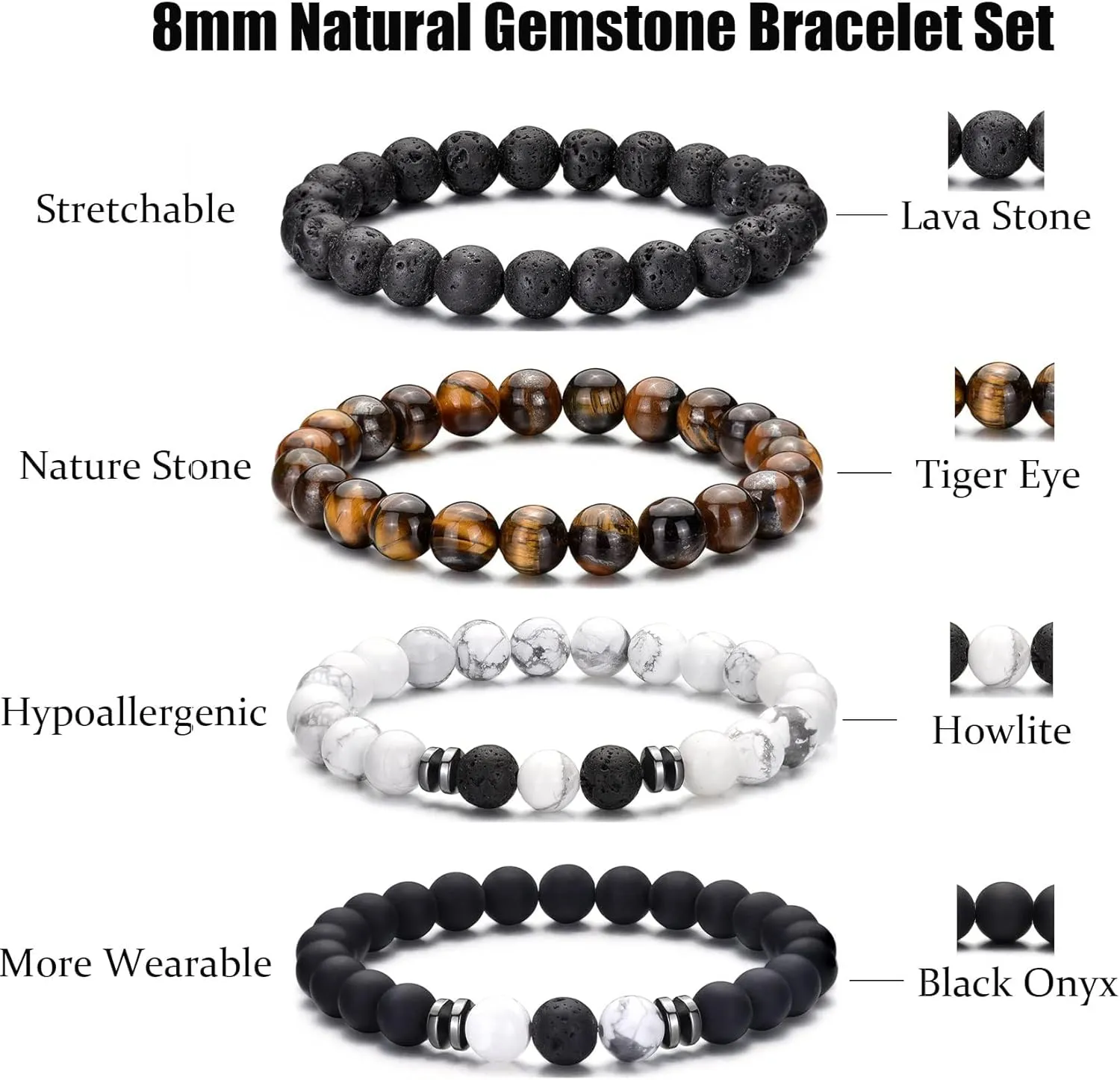 Elastic 8mm Beaded Tigers Eye Bracelet Set for Men