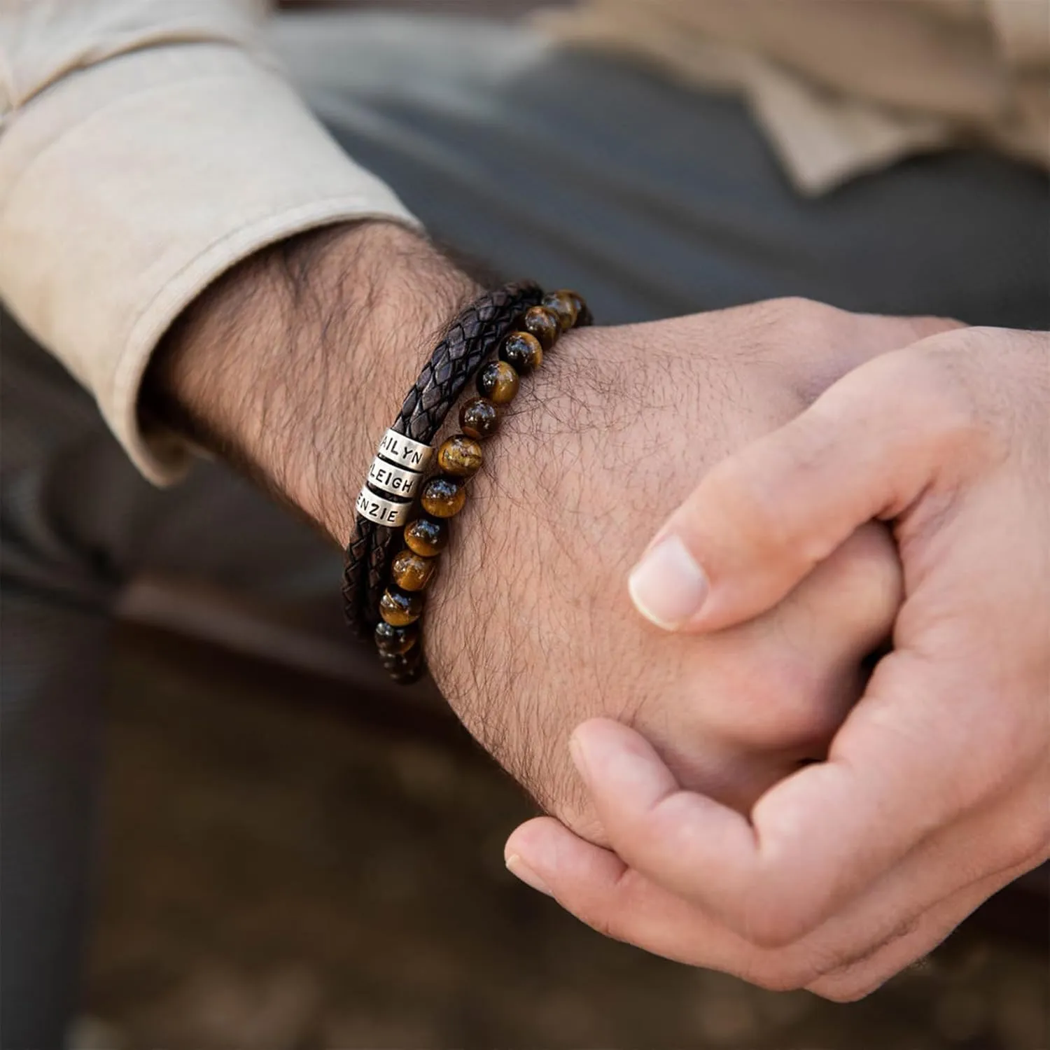 Elastic 8mm Beaded Tigers Eye Bracelet Set for Men