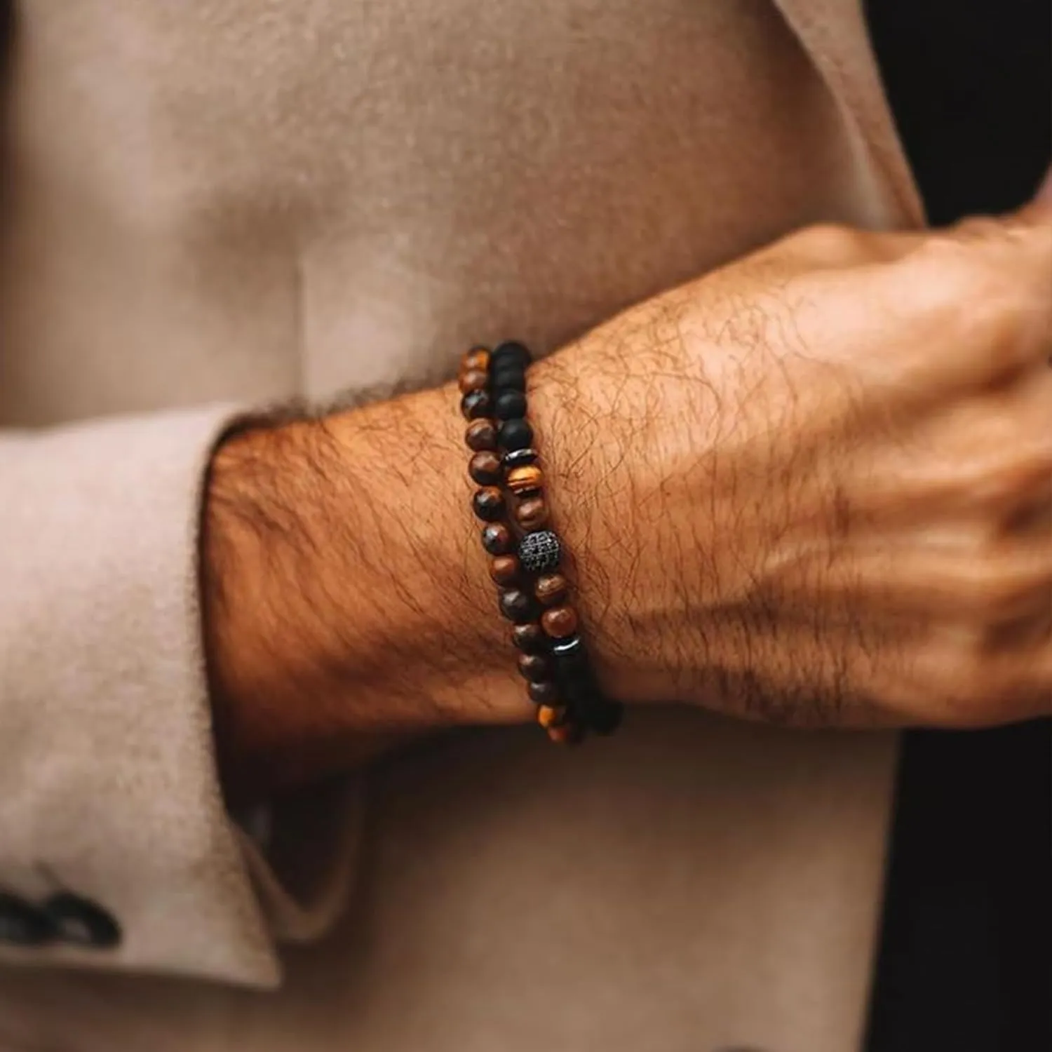Elastic 8mm Beaded Tigers Eye Bracelet Set for Men