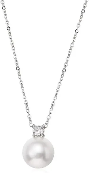 Elegant Pearl Pendant Necklace with Cubic Zirconia, Sterling Silver Chain, White