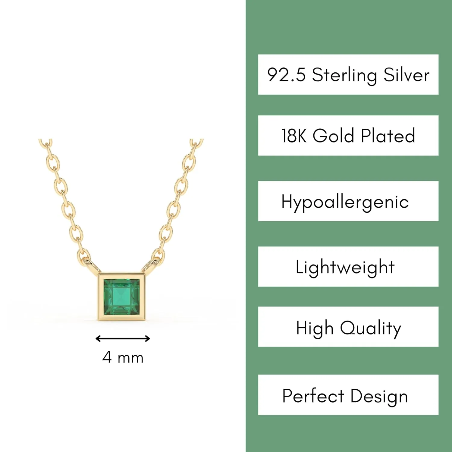 Emerald Necklace for Women, Premium Gold Minimalist Square Necklaces - Tarnish Free 18K Gold Plated Certified S925 Classic Statement Necklace Gold Jewelry for Women - Mothers Day Gifts for Mom Wife