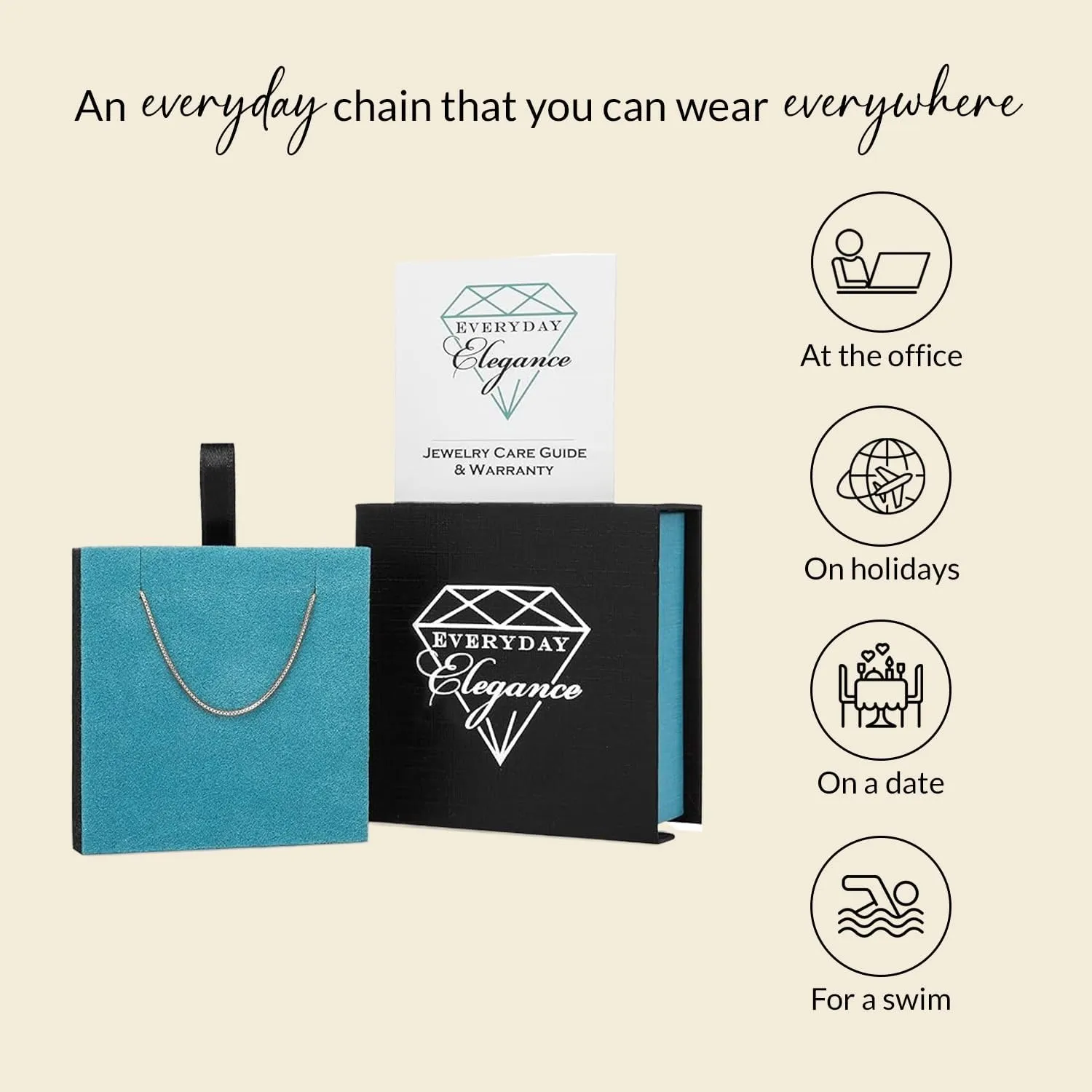 Everyday Elegance Solid 14K White, Yellow or Rose Gold Box Link Chain Necklace for Women Square Box Design| Spring Ring Clasp | 0.6mm or 1.0mm Thickness | 14, 16, 18, 20, 22 Inch Lengths With Gift Box