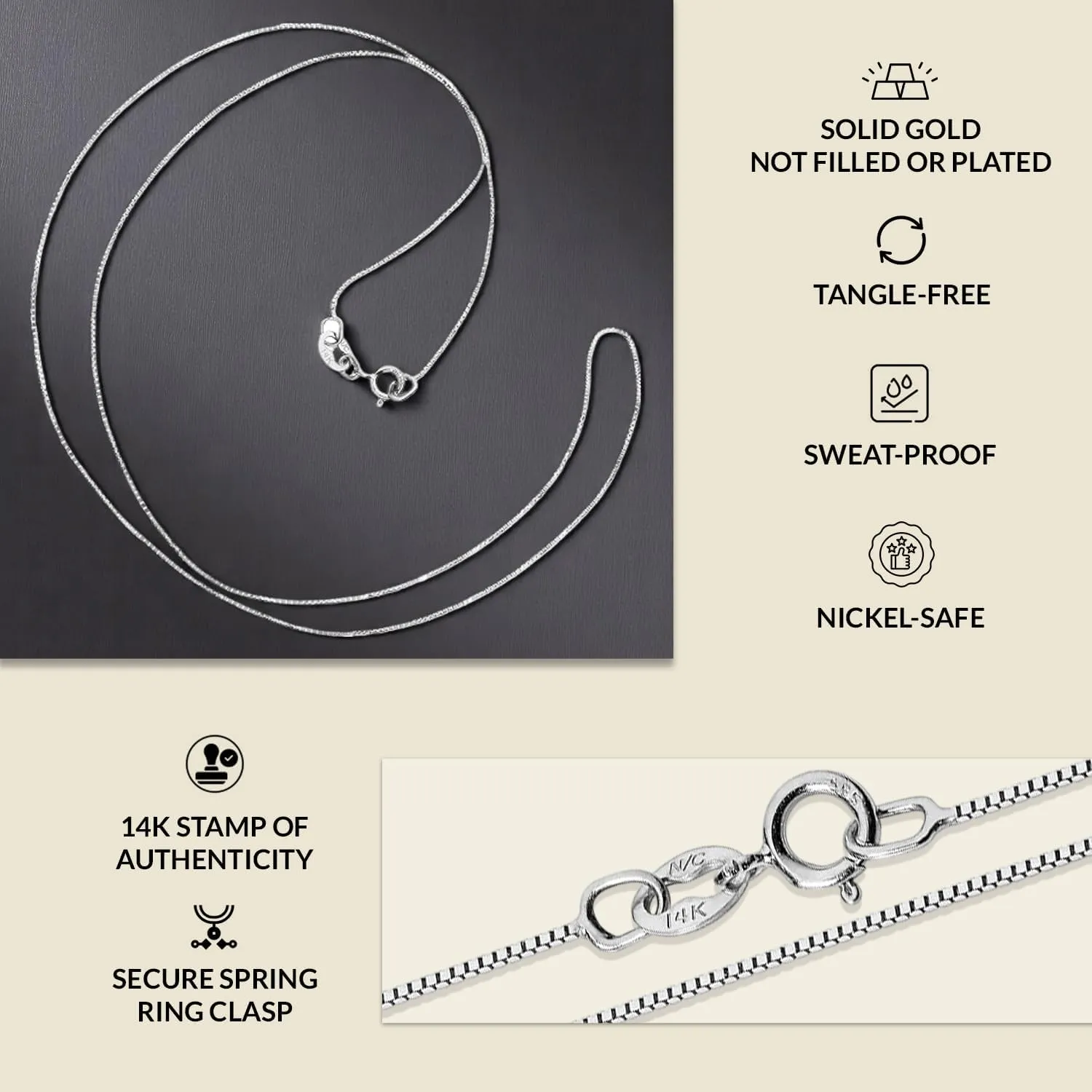 Everyday Elegance Solid 14K White, Yellow or Rose Gold Box Link Chain Necklace for Women Square Box Design| Spring Ring Clasp | 0.6mm or 1.0mm Thickness | 14, 16, 18, 20, 22 Inch Lengths With Gift Box