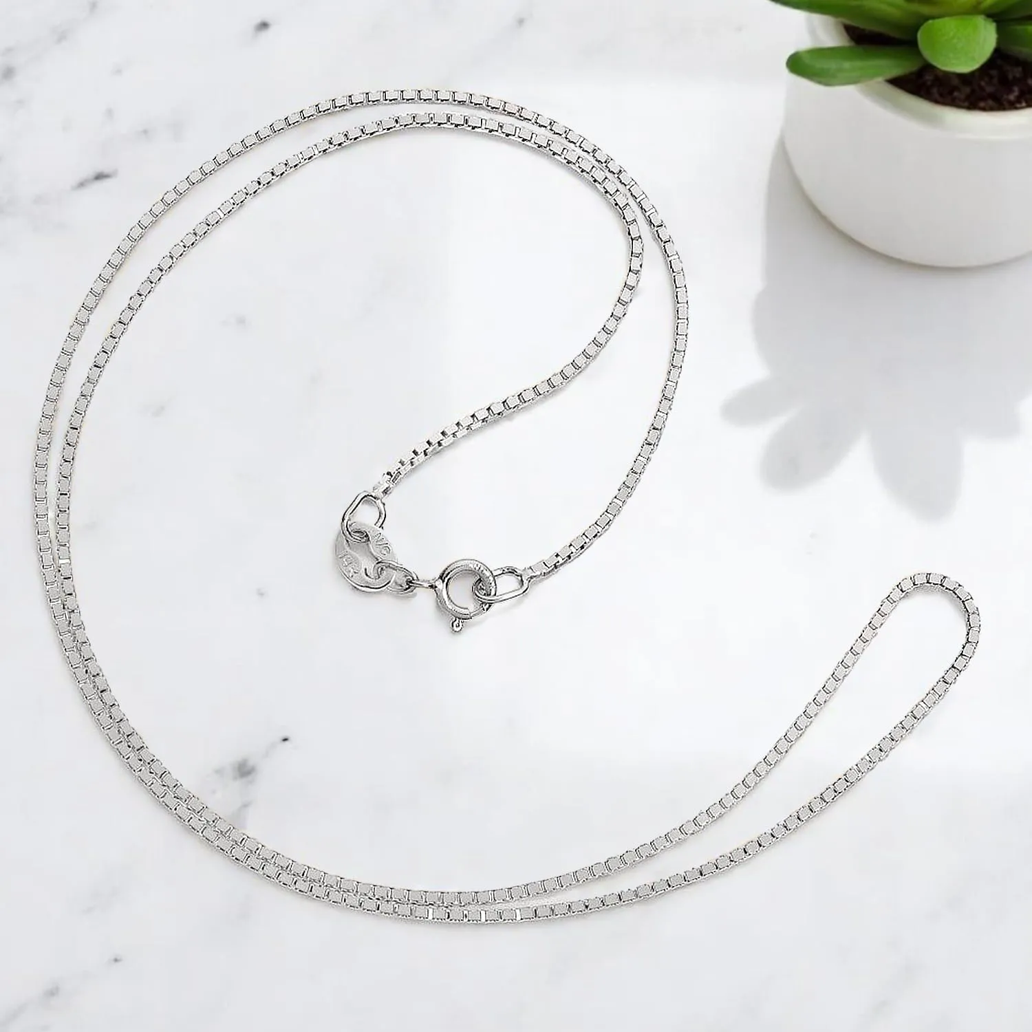 Everyday Elegance Solid 14K White, Yellow or Rose Gold Box Link Chain Necklace for Women Square Box Design| Spring Ring Clasp | 0.6mm or 1.0mm Thickness | 14, 16, 18, 20, 22 Inch Lengths With Gift Box