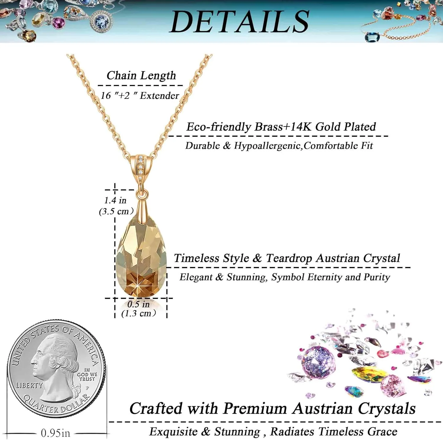 EVEVIC Austrian Crystals Teardrop Pendant Necklace for Women 14K Gold Plated Eco-friendly Brass Hypoallergenic Jewelry
