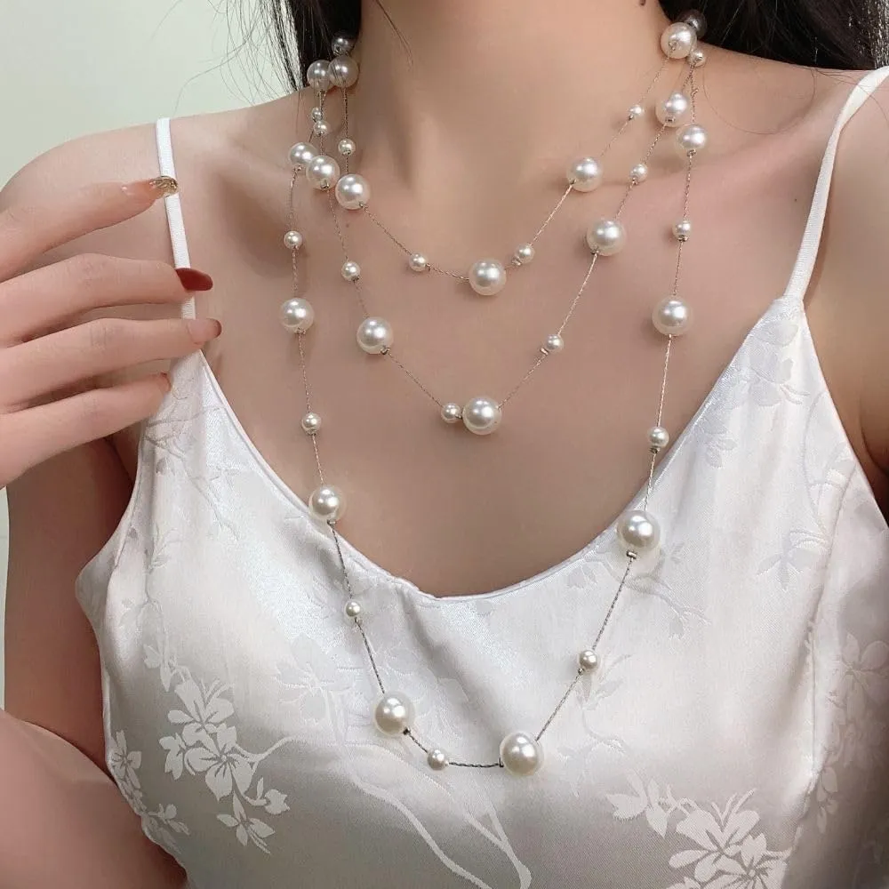 Extra Long Pearl Necklace 68" Faux Pearl Multi Strand Gold Necklaces for Women White Pearl Layered Necklace Wedding Party Prom Costume Jewelry