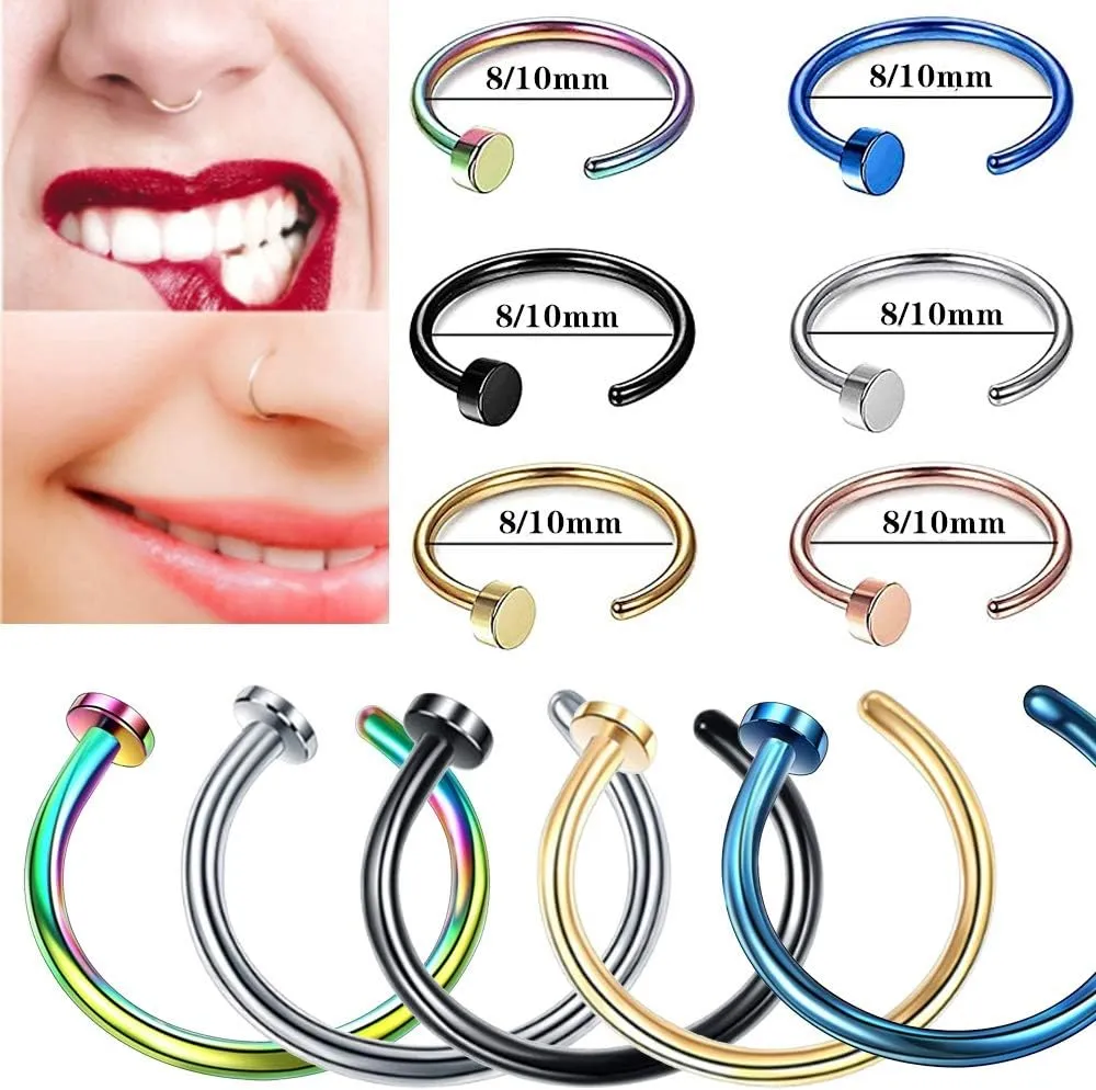 Fake Nose Ring Piercing Jewelry 20g 18g Diameter 8mm and 10mm C Shape Fake Nose Ring Hoop Fake Septum Nose Rings Bundle